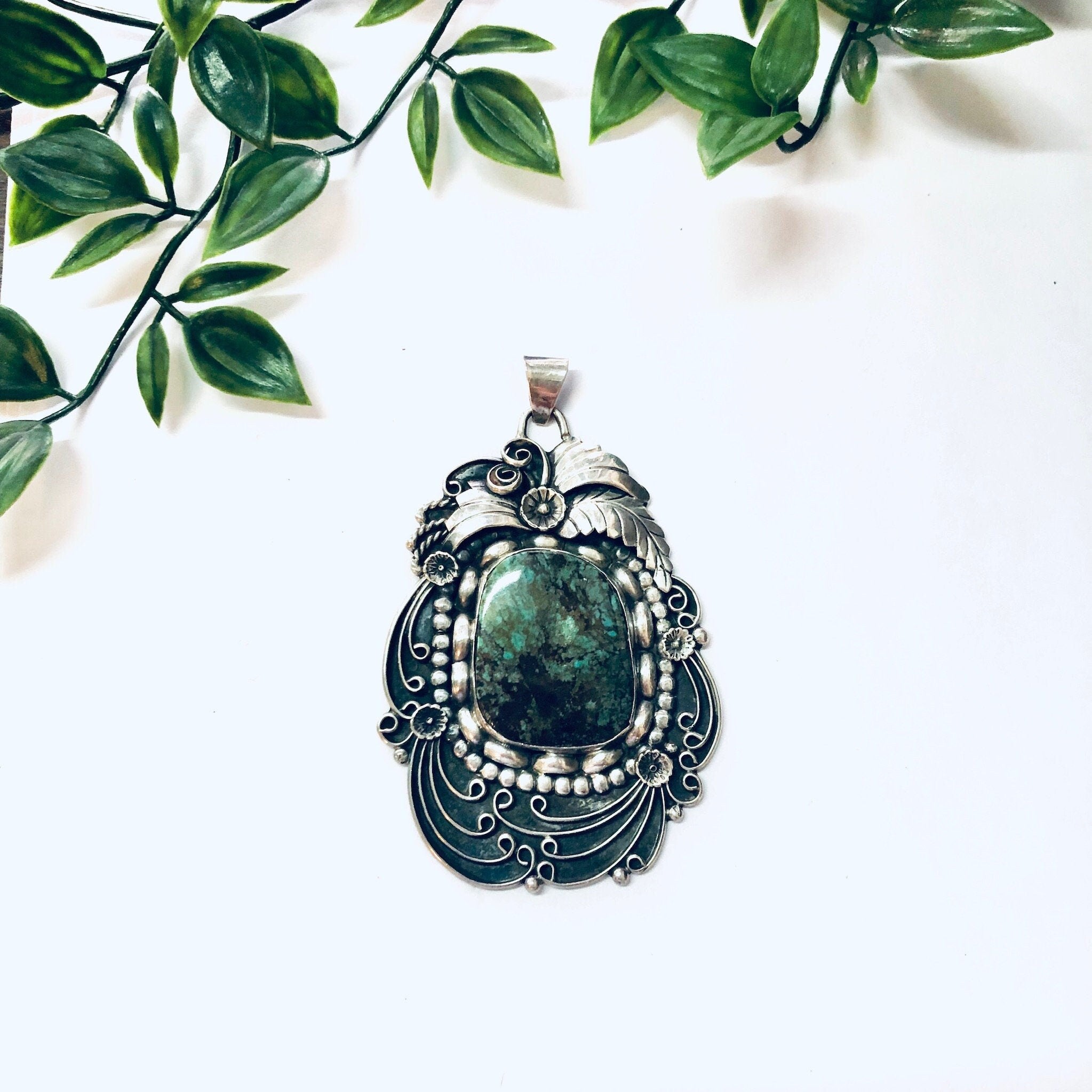 Vintage Pendant, Large Pendant, Silver Pendant, Ornate Jewelry, Vintage Jewelry, Unique Jewelry, Flower Pendant, Vintage Necklace, Jasper