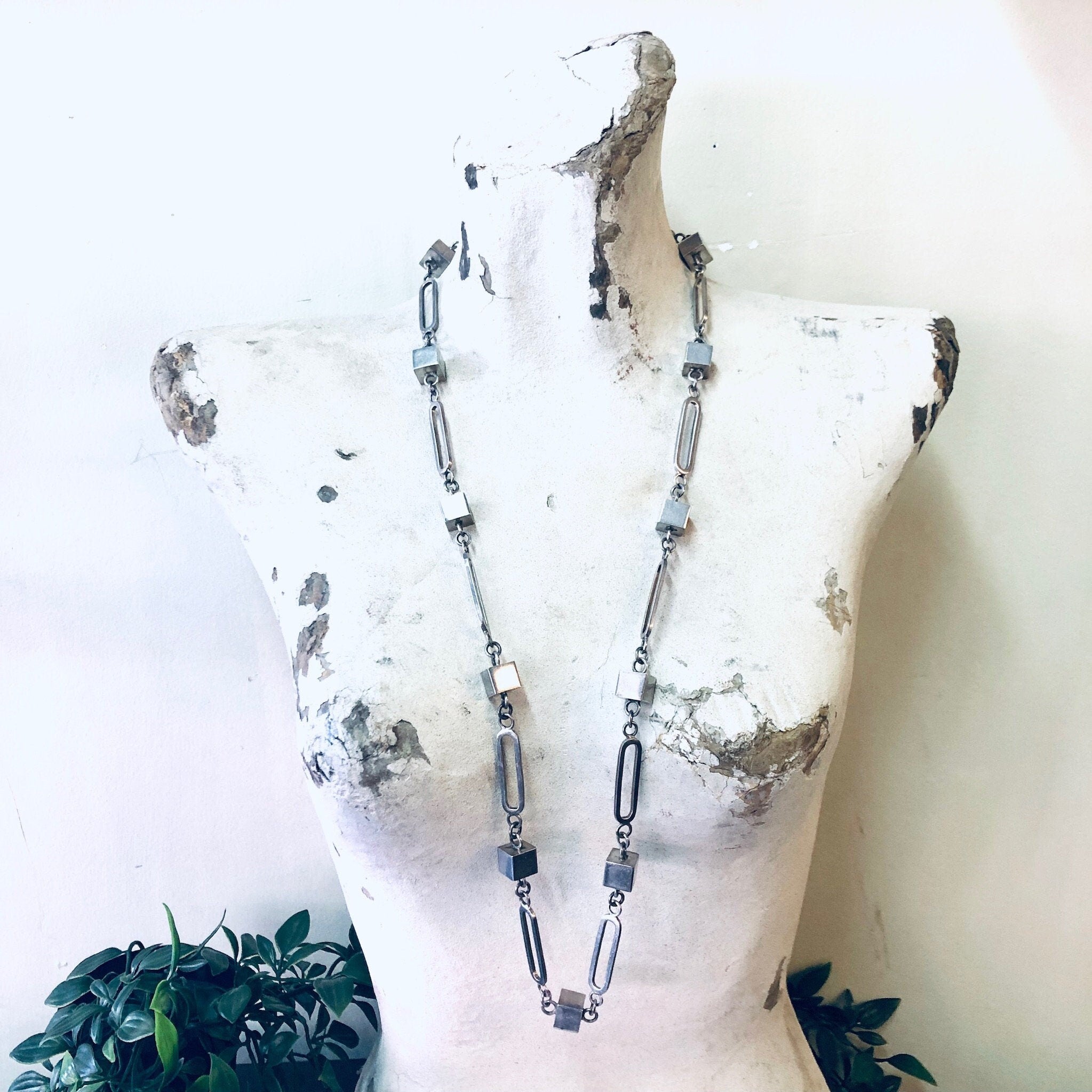 Vintage Necklace, Silver Necklace, Long Necklace, Long Chain, Vintage Jewelry, Geometric Jewelry, Unique Necklace, Square Shapes, 925 Chain