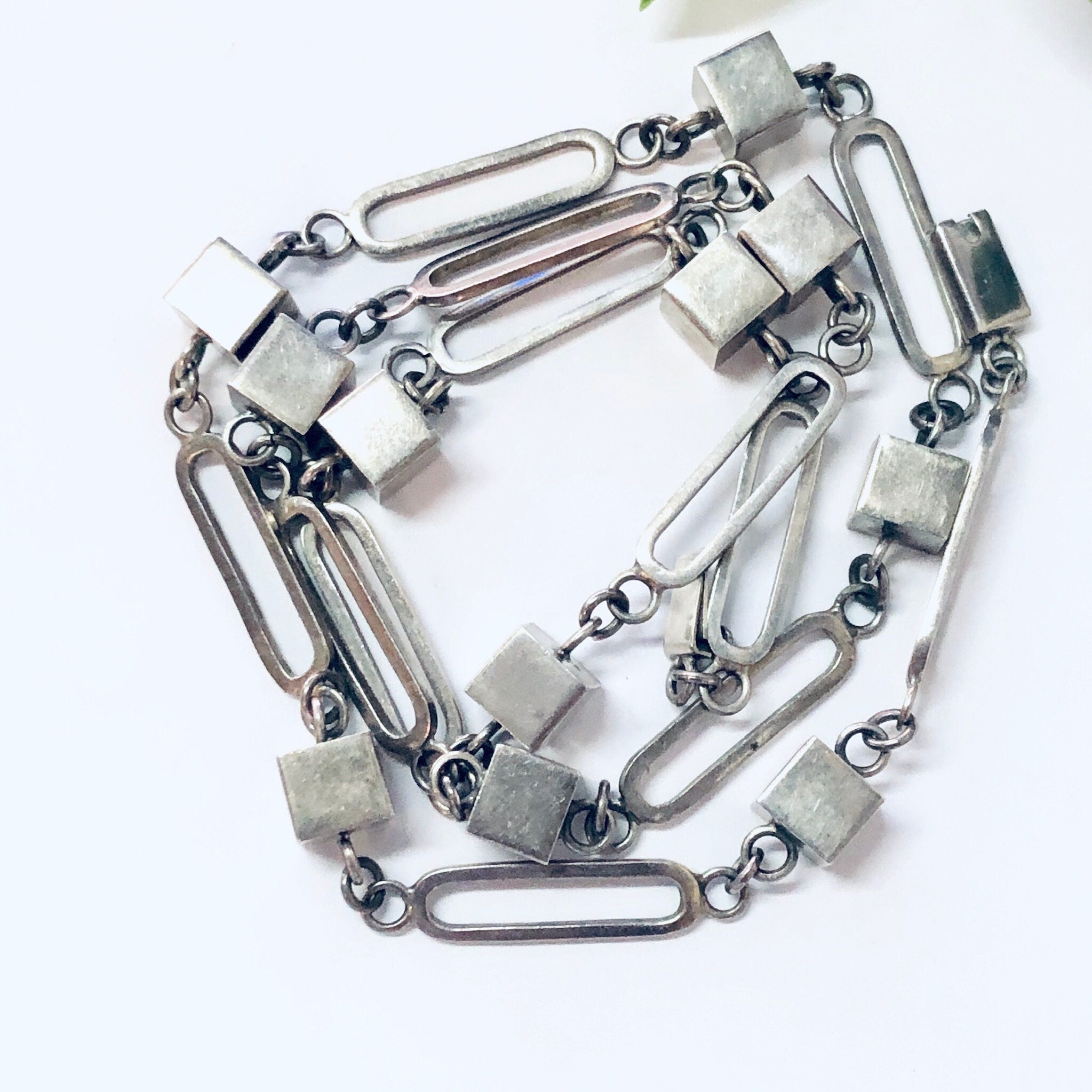 Vintage Necklace, Silver Necklace, Long Necklace, Long Chain, Vintage Jewelry, Geometric Jewelry, Unique Necklace, Square Shapes, 925 Chain