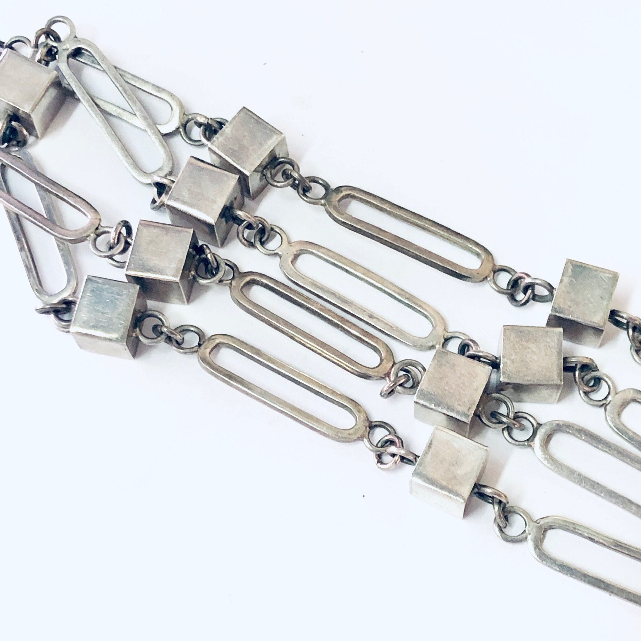 Vintage Necklace, Silver Necklace, Long Necklace, Long Chain, Vintage Jewelry, Geometric Jewelry, Unique Necklace, Square Shapes, 925 Chain