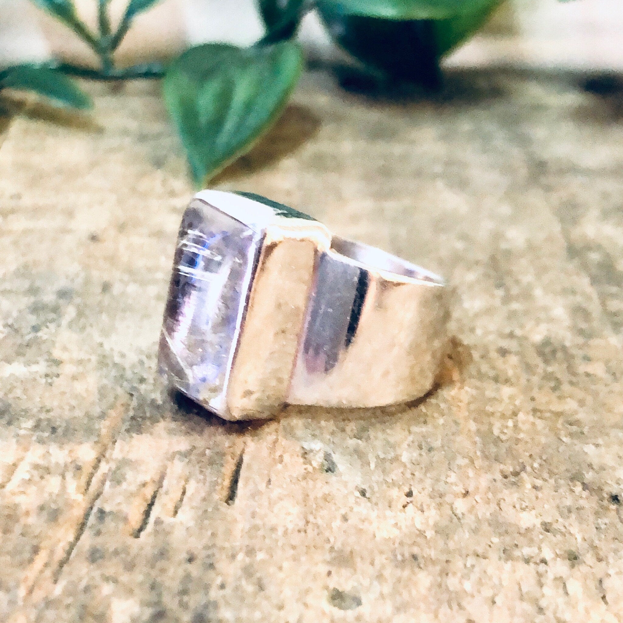 Vintage Ring, Silver Ring, Thick Band, Vintage Jewelry, Clear Gemstone, Quartz Ring, Polished Quartz, Unique Jewelry, Rectangle Stone, 925