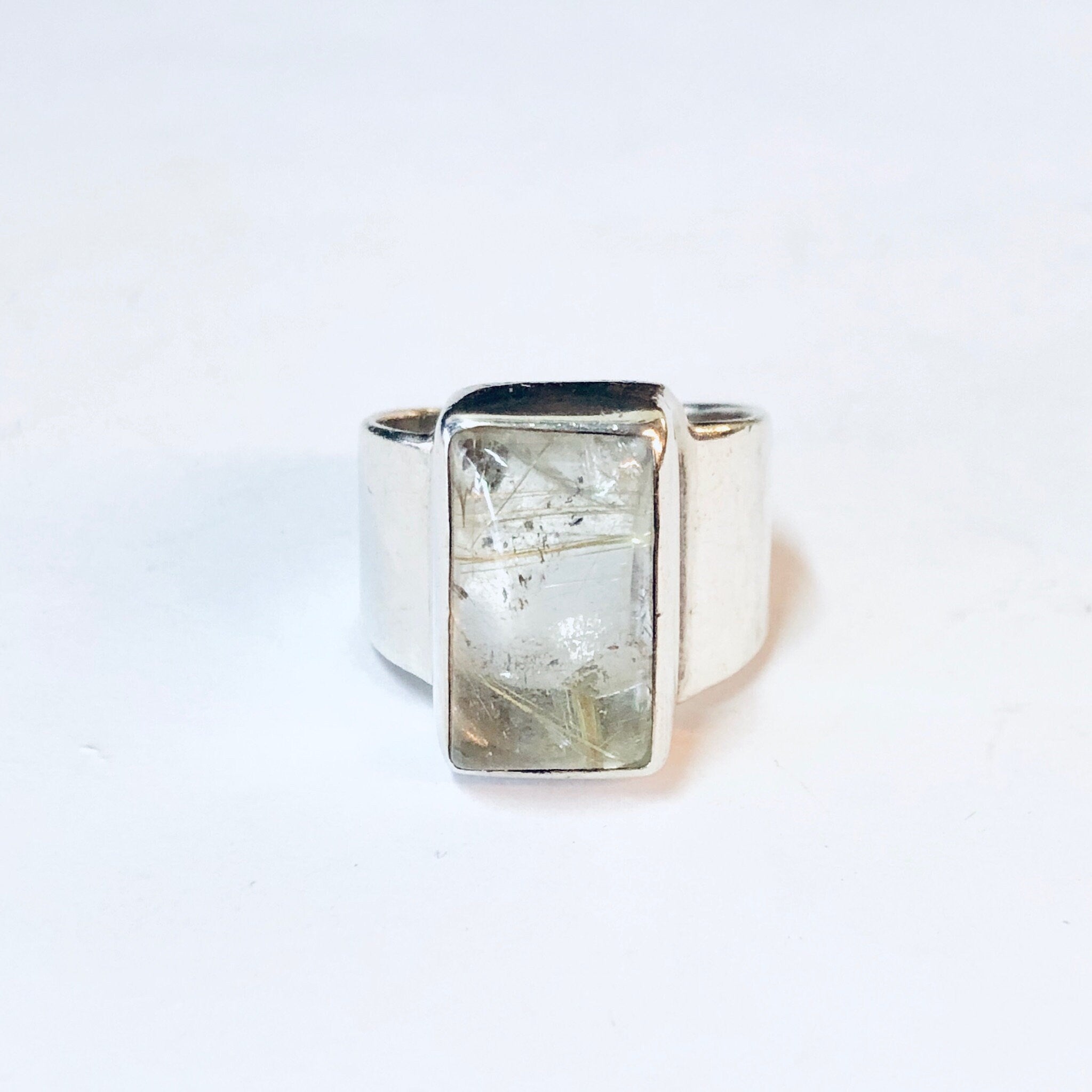 Vintage Ring, Silver Ring, Thick Band, Vintage Jewelry, Clear Gemstone, Quartz Ring, Polished Quartz, Unique Jewelry, Rectangle Stone, 925