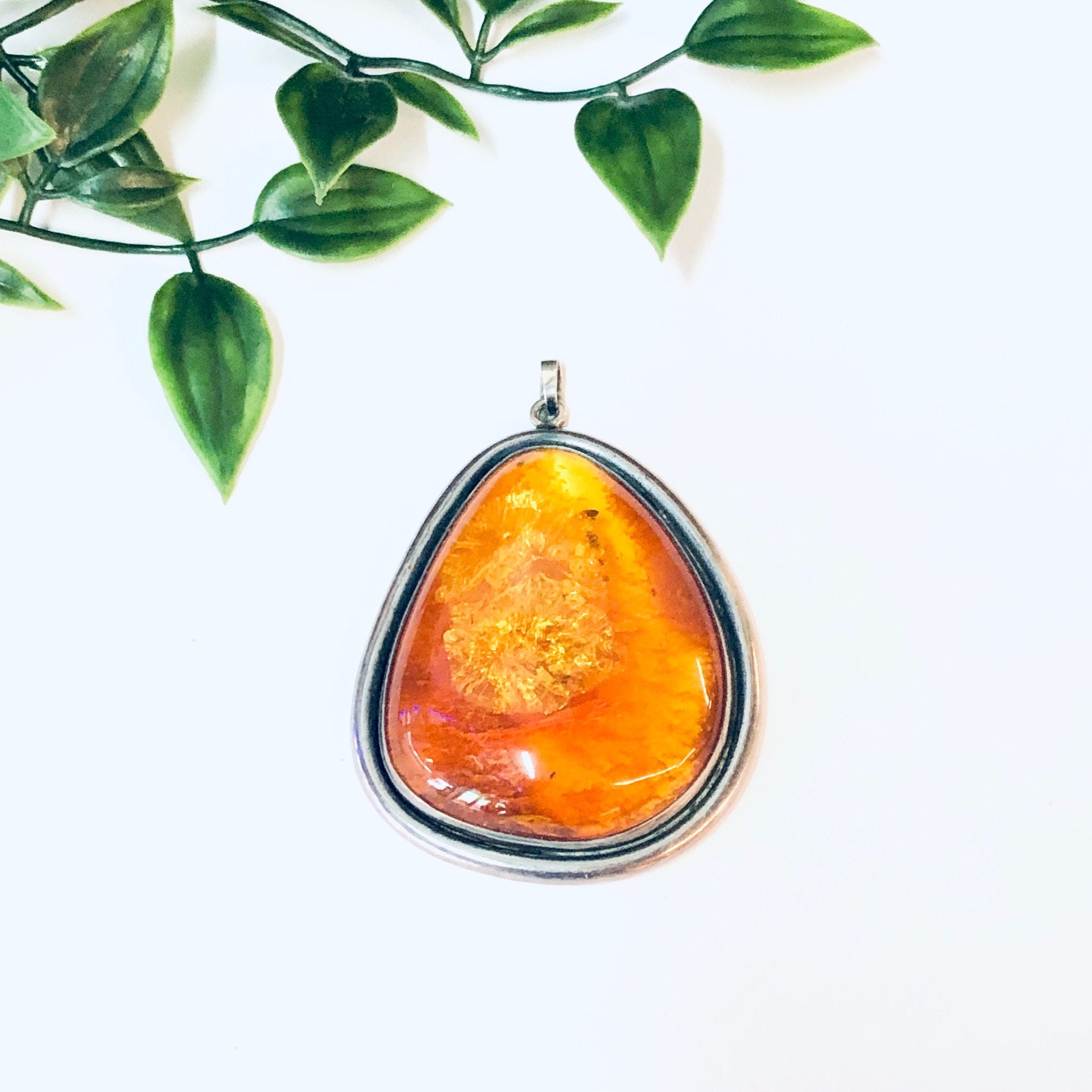 Vintage Pendant, Amber Pendant, Orange Amber, Vintage Jewelry, Silver Pendant, Vintage Necklace, Large Amber, Large Pendant, Statement Piece