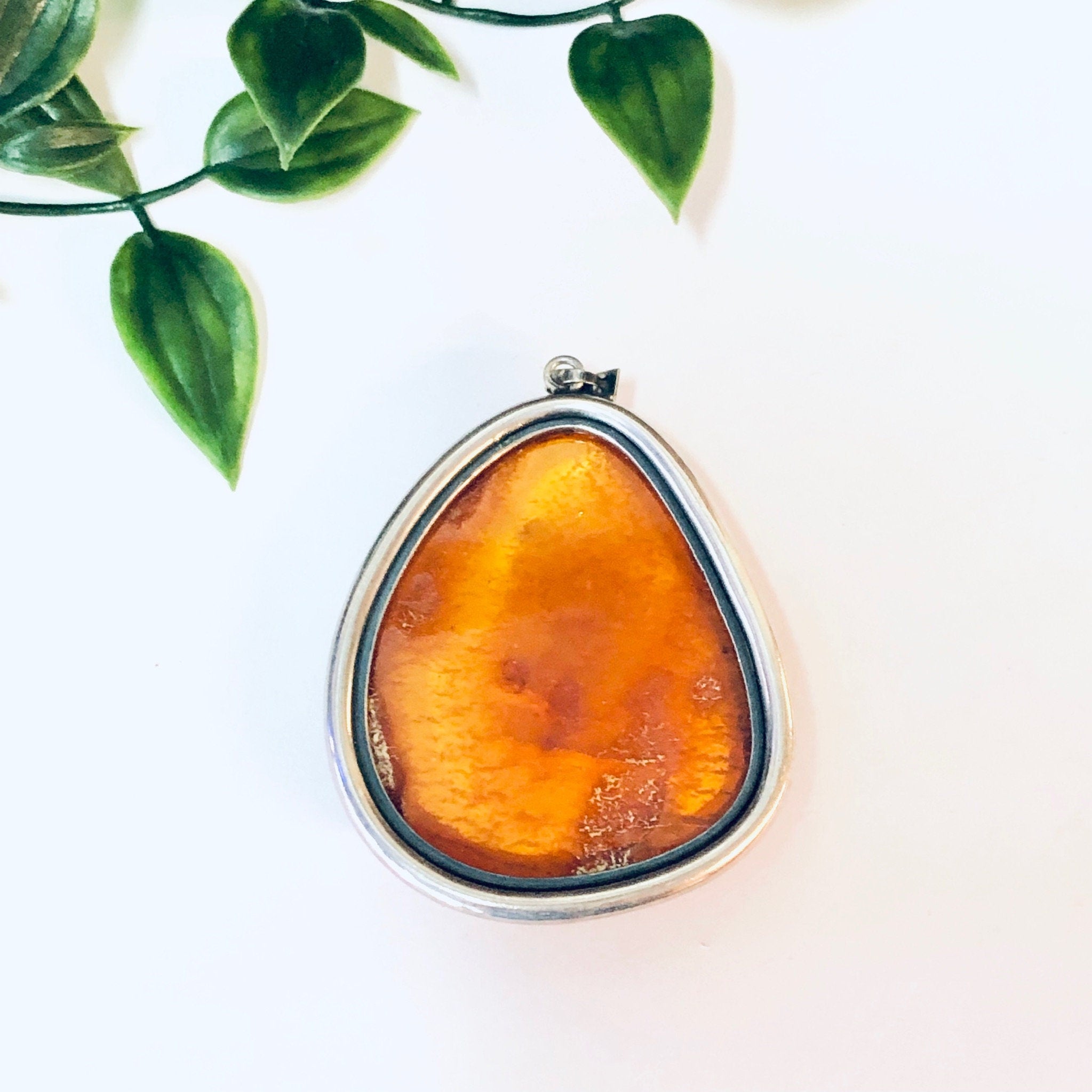 Vintage Pendant, Amber Pendant, Orange Amber, Vintage Jewelry, Silver Pendant, Vintage Necklace, Large Amber, Large Pendant, Statement Piece