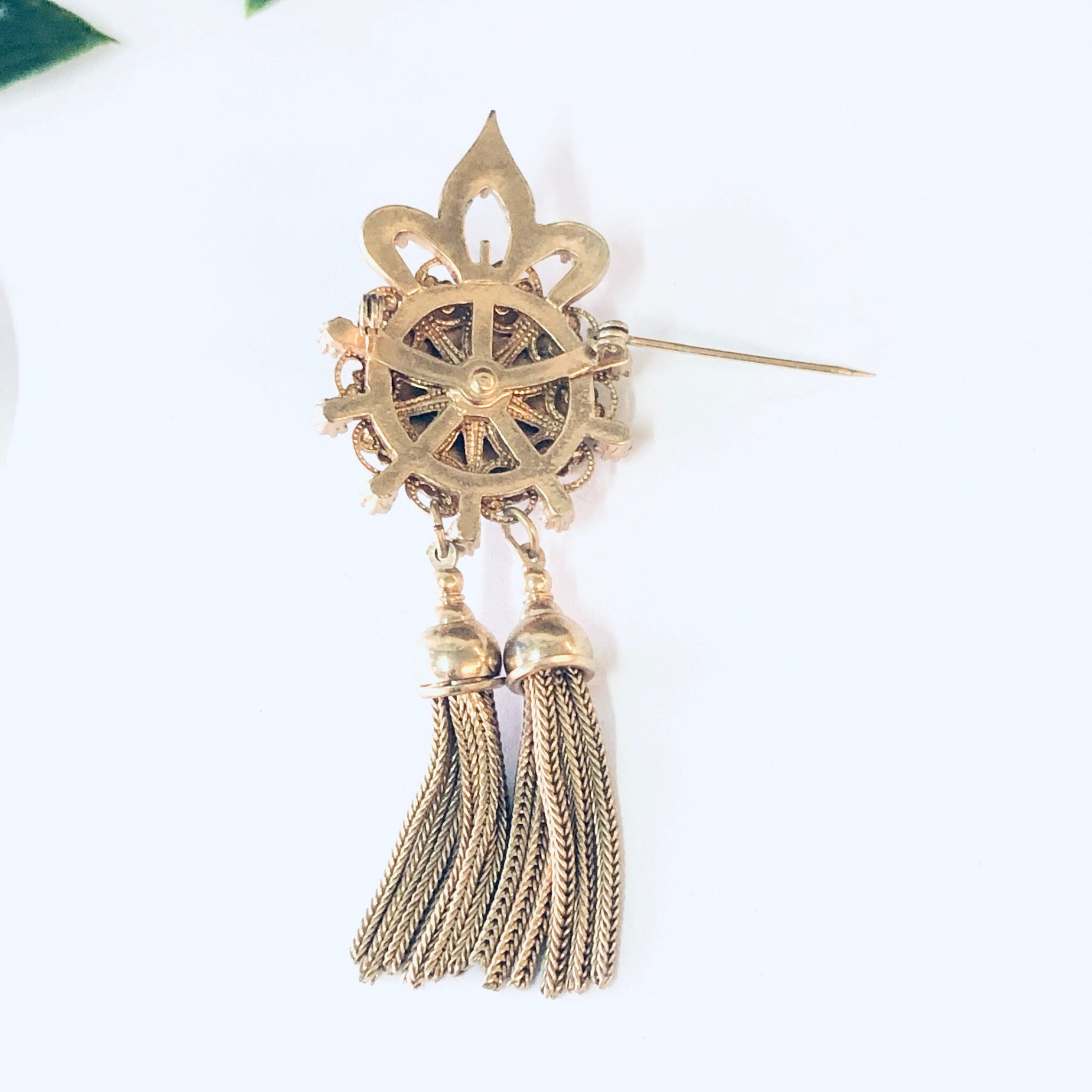 Vintage Brooch, Gold Toned Brooch, Starburst Design, Tassel Pin, Vintage Pin, Statement Jewelry, Dangling Brooch, Vintage Jewelry, Blue,