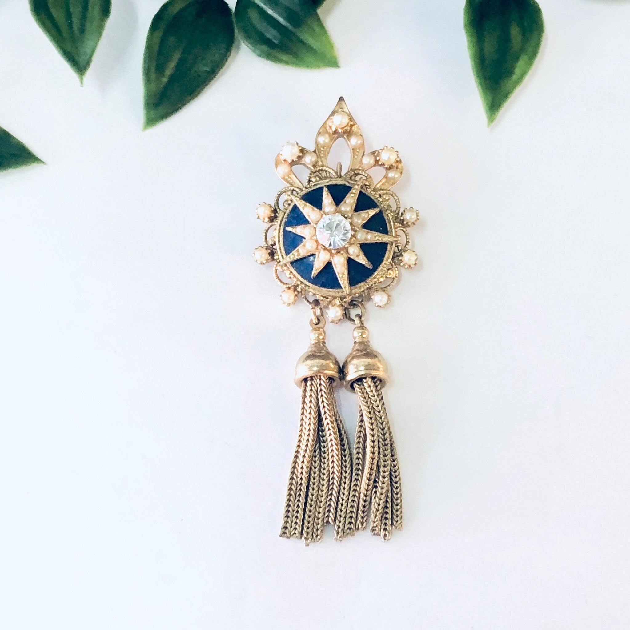 Vintage Brooch, Gold Toned Brooch, Starburst Design, Tassel Pin, Vintage Pin, Statement Jewelry, Dangling Brooch, Vintage Jewelry, Blue,