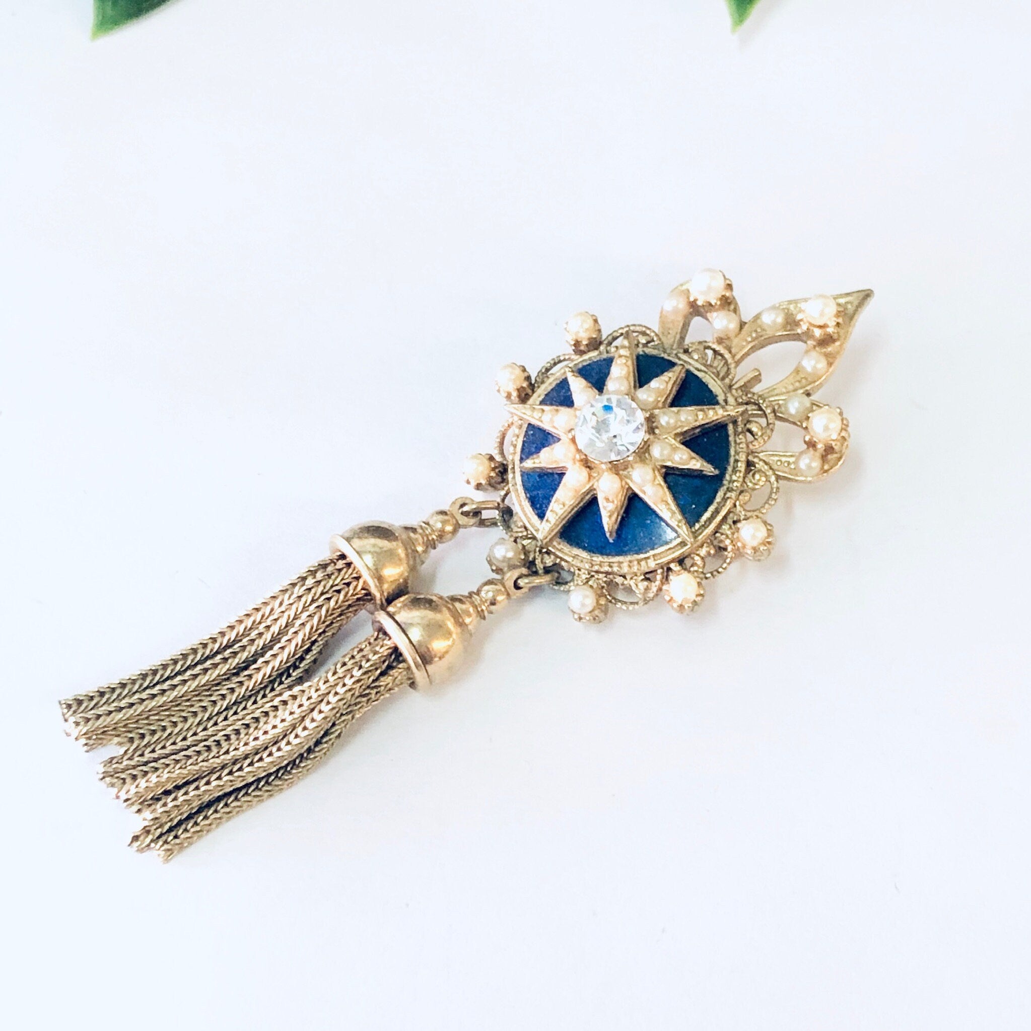 Vintage Brooch, Gold Toned Brooch, Starburst Design, Tassel Pin, Vintage Pin, Statement Jewelry, Dangling Brooch, Vintage Jewelry, Blue,