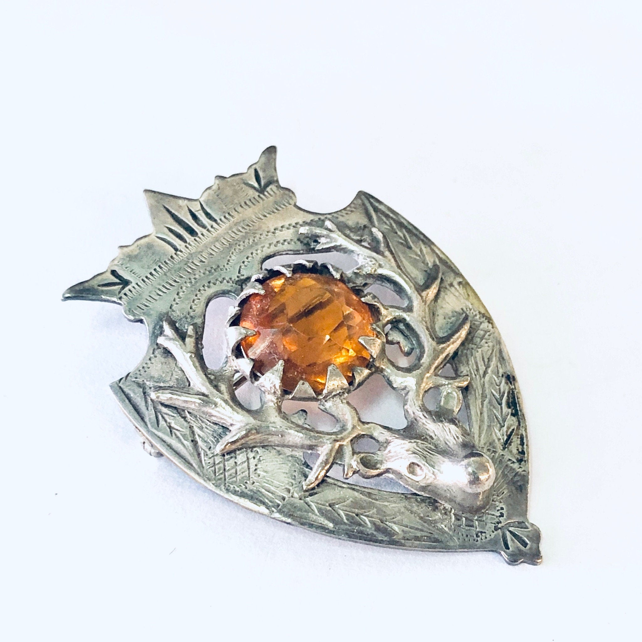 Vintage Brooch, Vintage Pendant, Crest Design, Deer Pin, Deer Jewelry, Hunters Brooch, Antler Brooch, Orange Stone, Costume Jewelry, Unique