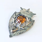 Vintage Brooch, Vintage Pendant, Crest Design, Deer Pin, Deer Jewelry, Hunters Brooch, Antler Brooch, Orange Stone, Costume Jewelry, Unique
