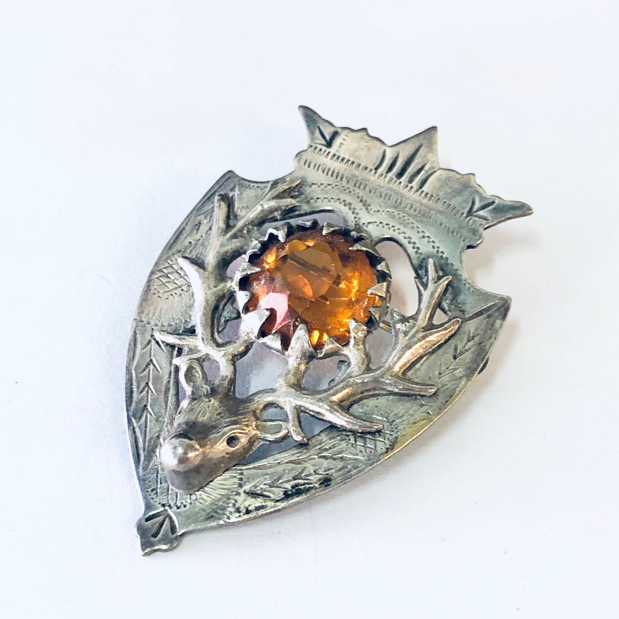 Vintage Brooch, Vintage Pendant, Crest Design, Deer Pin, Deer Jewelry, Hunters Brooch, Antler Brooch, Orange Stone, Costume Jewelry, Unique