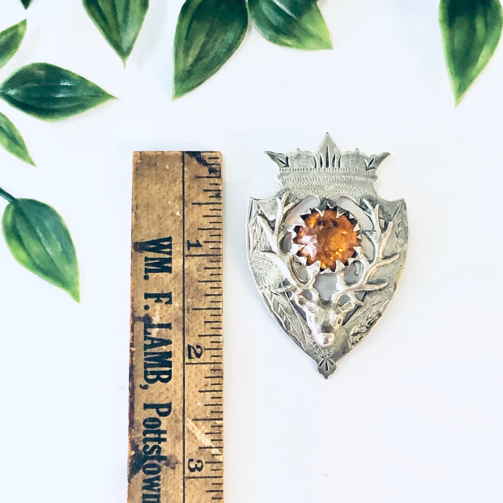 Vintage Brooch, Vintage Pendant, Crest Design, Deer Pin, Deer Jewelry, Hunters Brooch, Antler Brooch, Orange Stone, Costume Jewelry, Unique