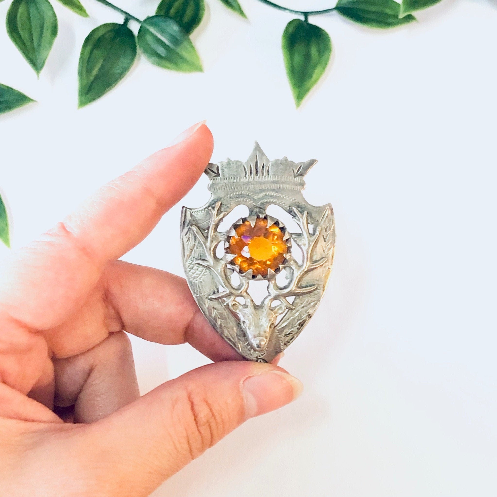 Vintage Brooch, Vintage Pendant, Crest Design, Deer Pin, Deer Jewelry, Hunters Brooch, Antler Brooch, Orange Stone, Costume Jewelry, Unique
