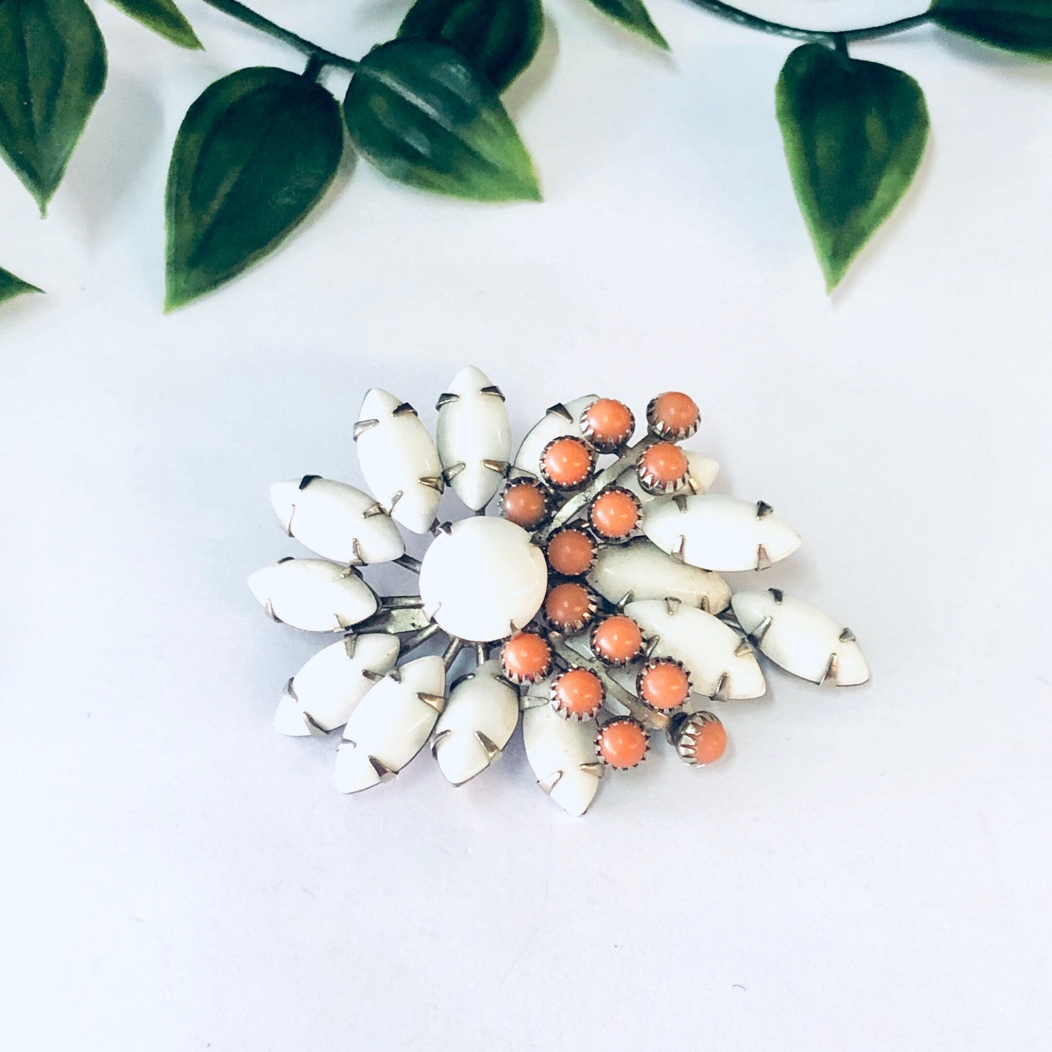 Vintage Brooch, Beaded Brooch, Vintage Pin, Unique Jewelry, White Pin, Orange Beads, While Beads, Statement Jewelry, Costume Jewelry, Flower