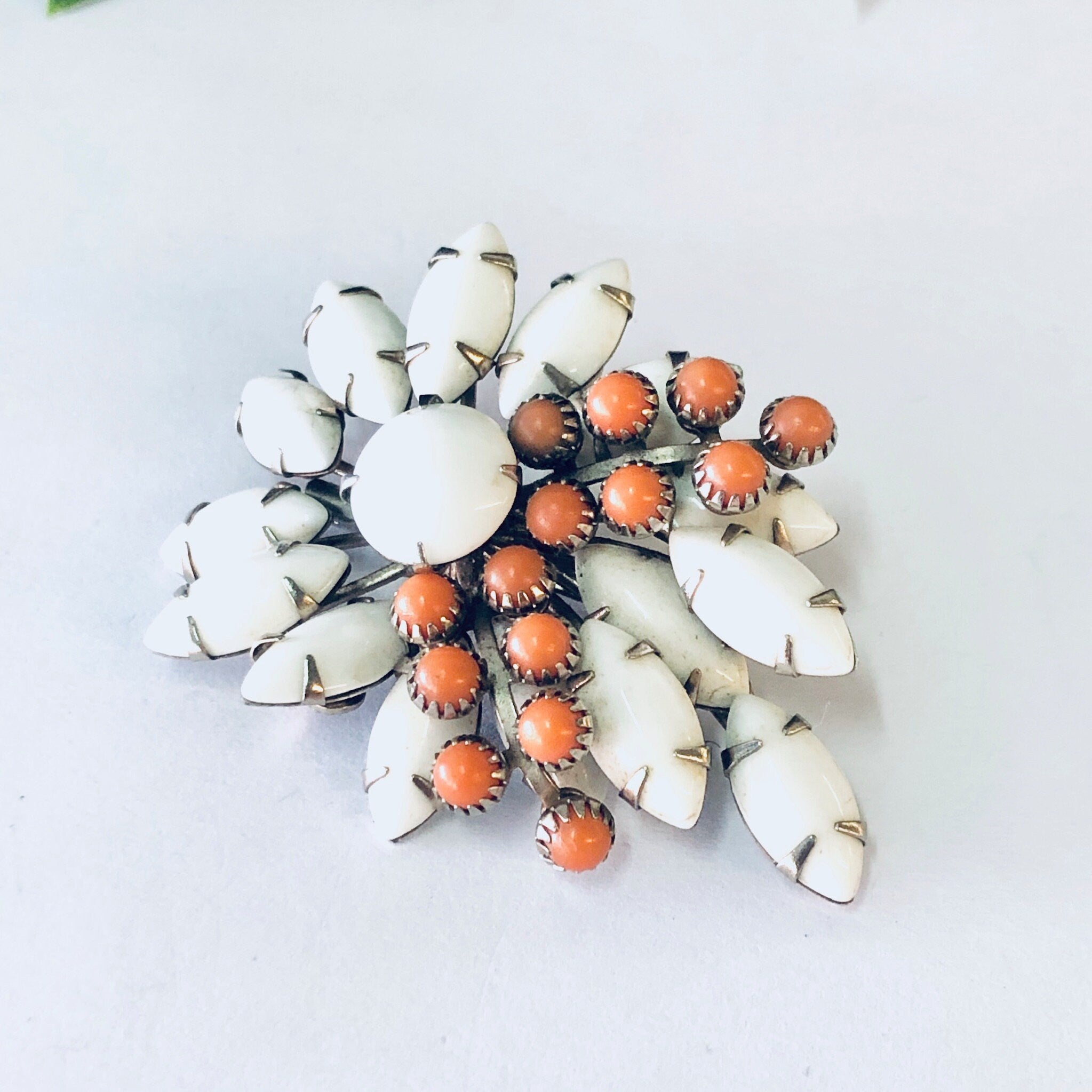 Vintage Brooch, Beaded Brooch, Vintage Pin, Unique Jewelry, White Pin, Orange Beads, While Beads, Statement Jewelry, Costume Jewelry, Flower