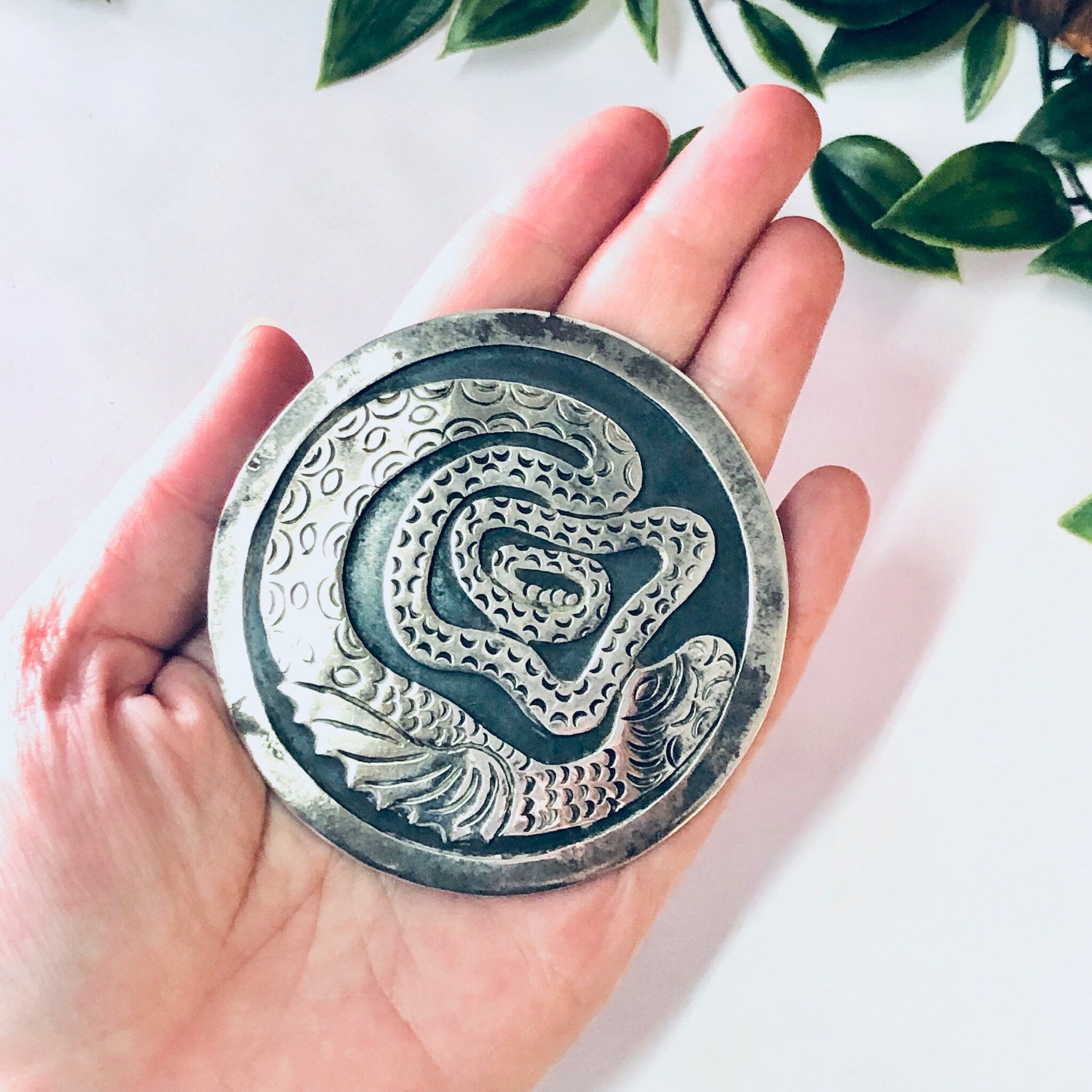 Vintage Pendant, Silver Pendant, Snake Jewelry, Dragon Jewelry, Large Pendant, Vintage Necklace, Unique Jewelry, Round Pendant, 925 Pendant