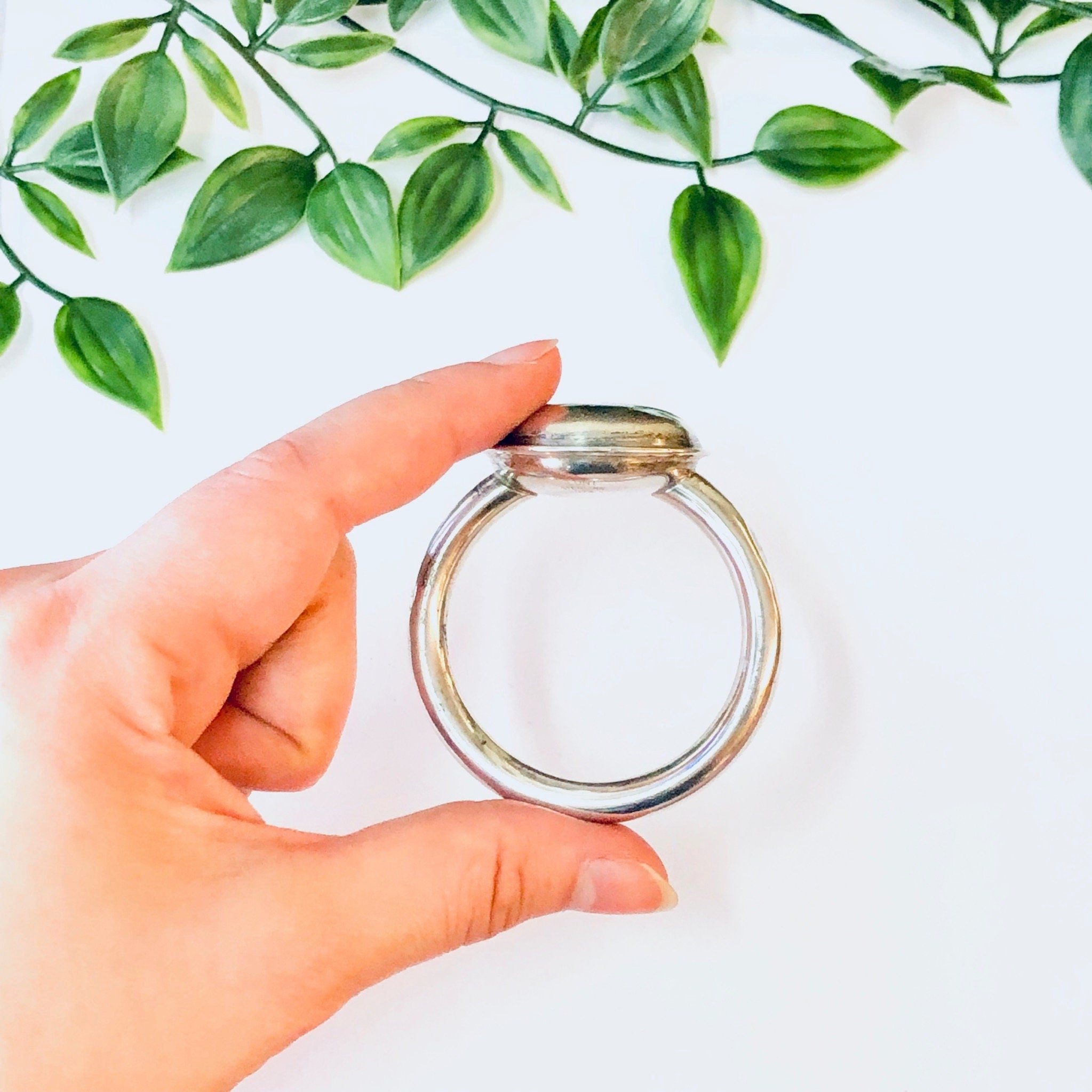 Hand holding a vintage silver baby rattle with green leaves in the background