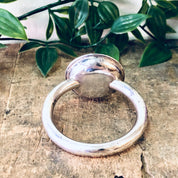 Vintage sterling silver baby rattle by Lunt on weathered wood surface with plant leaves in background