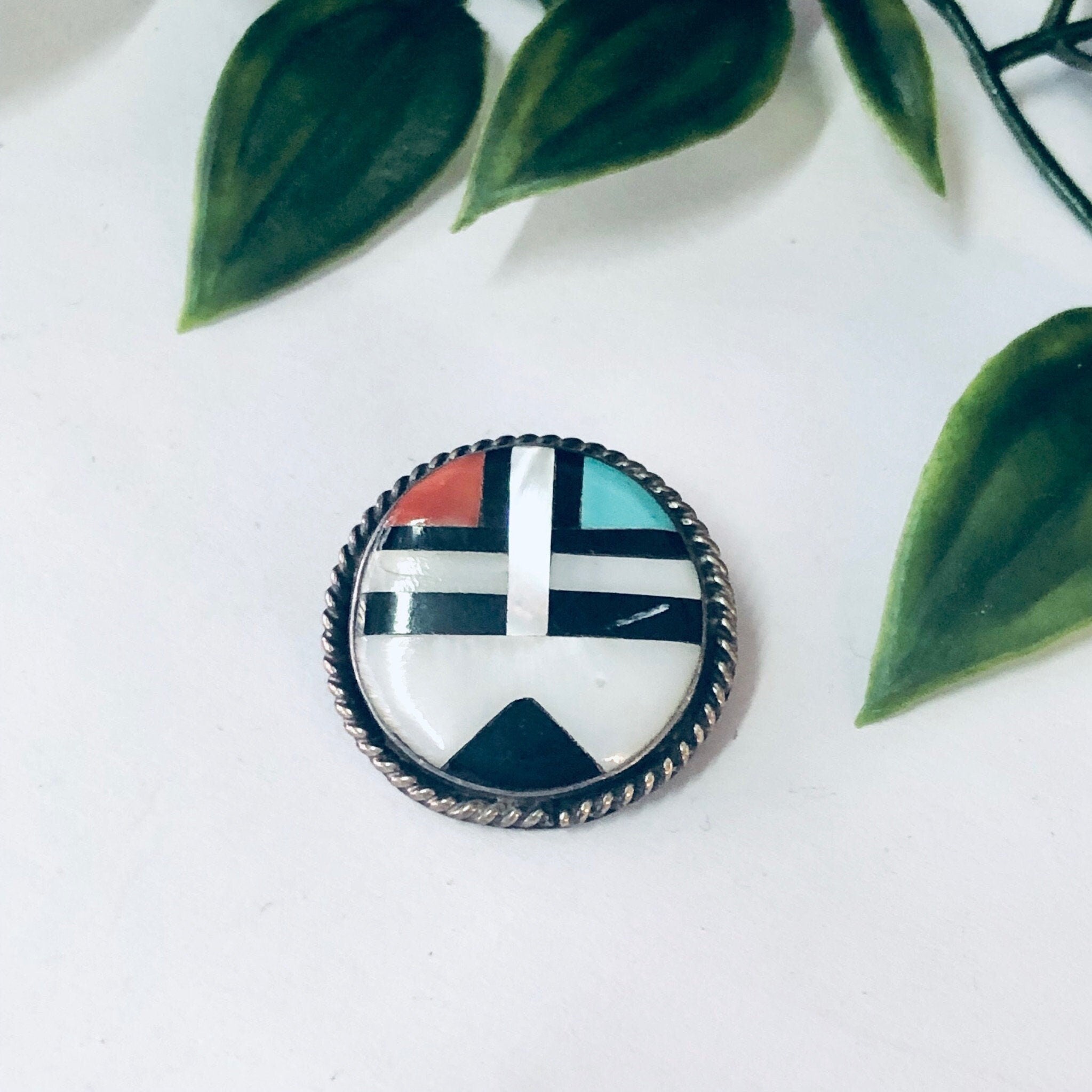 Vintage Pendant, Vintage Brooch, Silver Pendant, Silver Brooch, Inlayed Brooch, Mosaic Brooch, Round Pendant, Vintage Pendant, Coral, Blue
