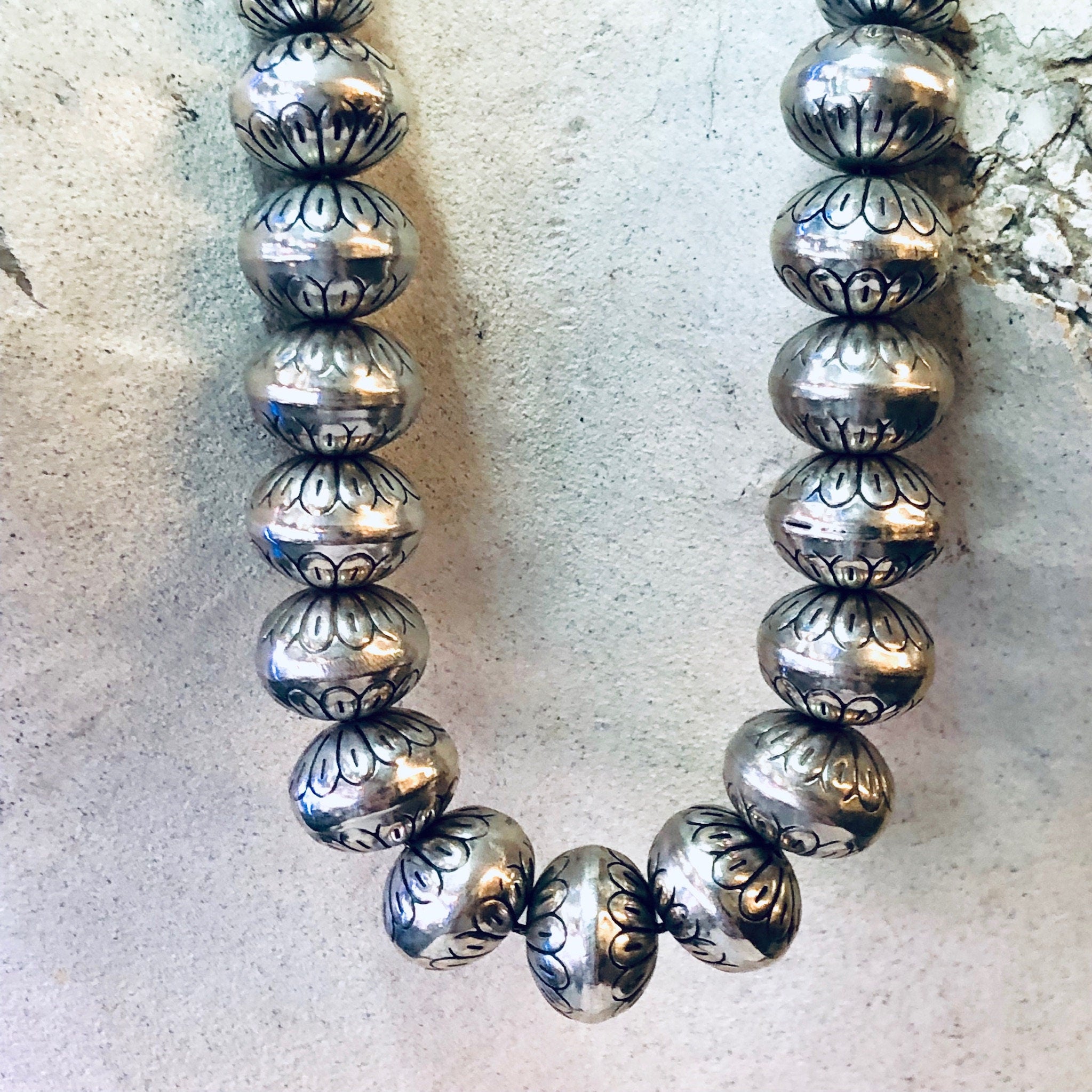 Vintage Necklace, Silver Necklace, Beaded Necklace, Silver Beads, Stamped Beads, Southwestern Style, Vintage Jewelry, Statement Necklace