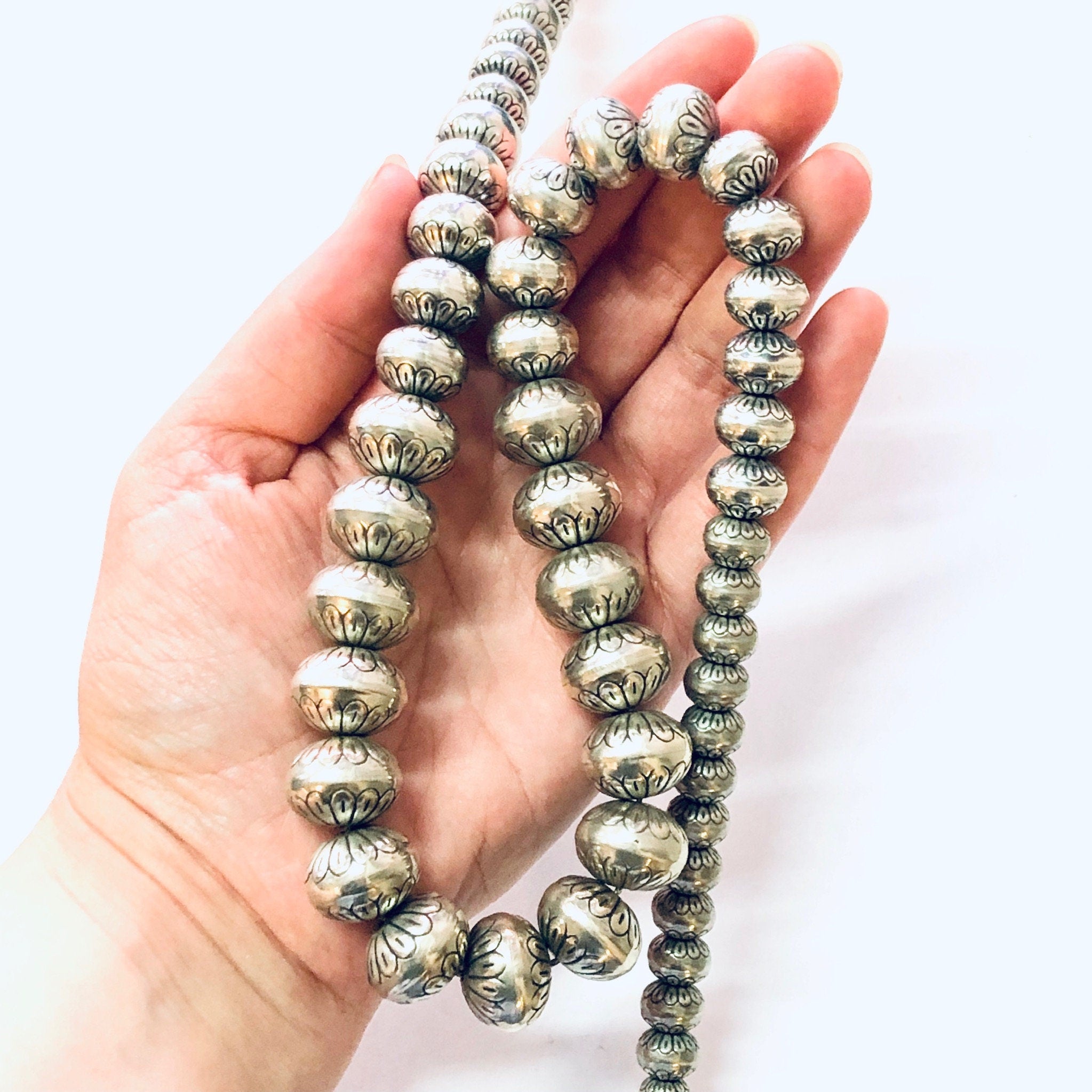 Vintage Necklace, Silver Necklace, Beaded Necklace, Silver Beads, Stamped Beads, Southwestern Style, Vintage Jewelry, Statement Necklace