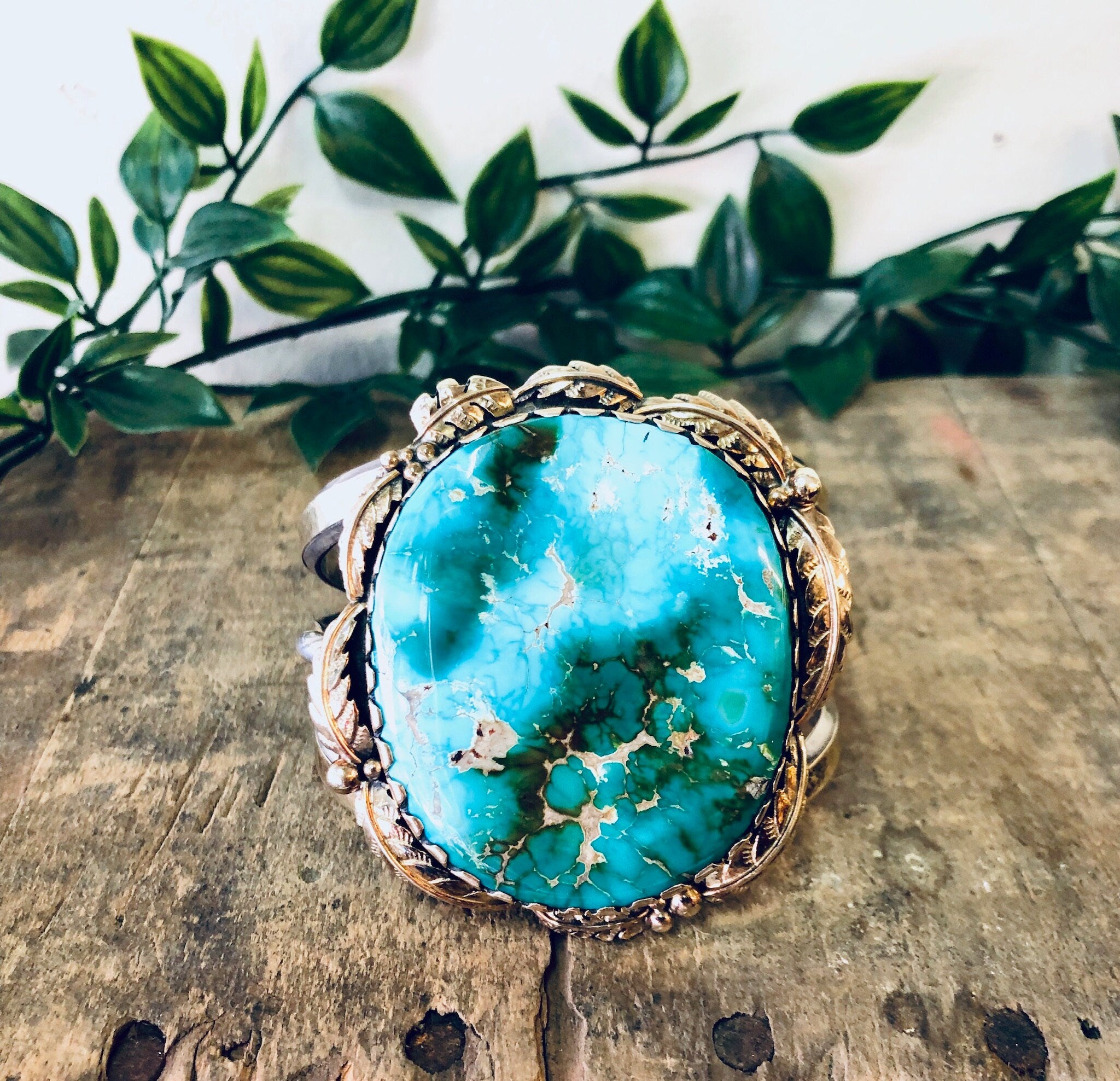Vintage Bracelet, Cuff Bracelet, Turquoise Bracelet, Large Turquoise, 14K Gold Bracelet, Silver Bracelet, Silver and Gold, Vintage Jewelry,