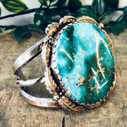 Vintage Bracelet, Cuff Bracelet, Turquoise Bracelet, Large Turquoise, 14K Gold Bracelet, Silver Bracelet, Silver and Gold, Vintage Jewelry,