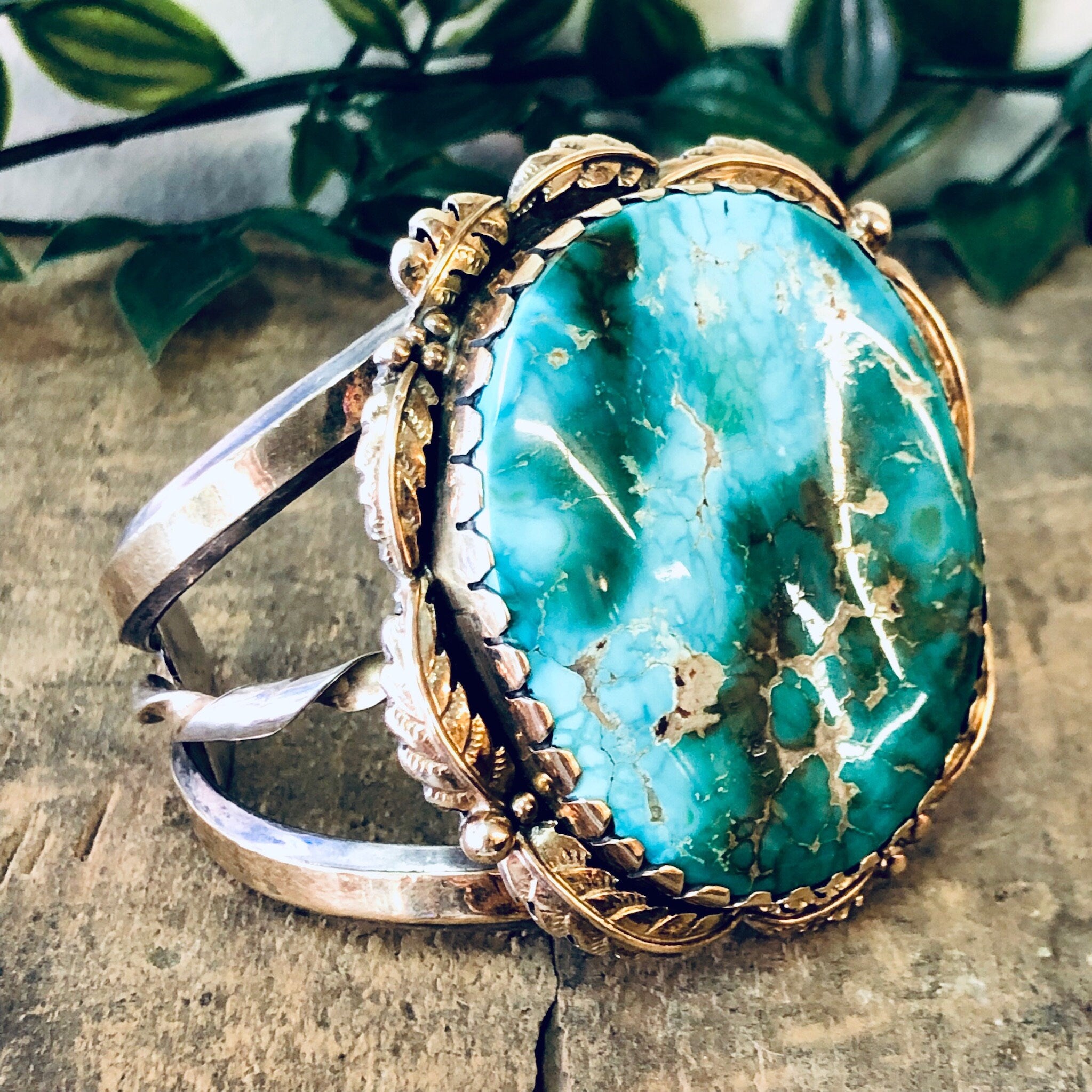 Vintage Bracelet, Cuff Bracelet, Turquoise Bracelet, Large Turquoise, 14K Gold Bracelet, Silver Bracelet, Silver and Gold, Vintage Jewelry,