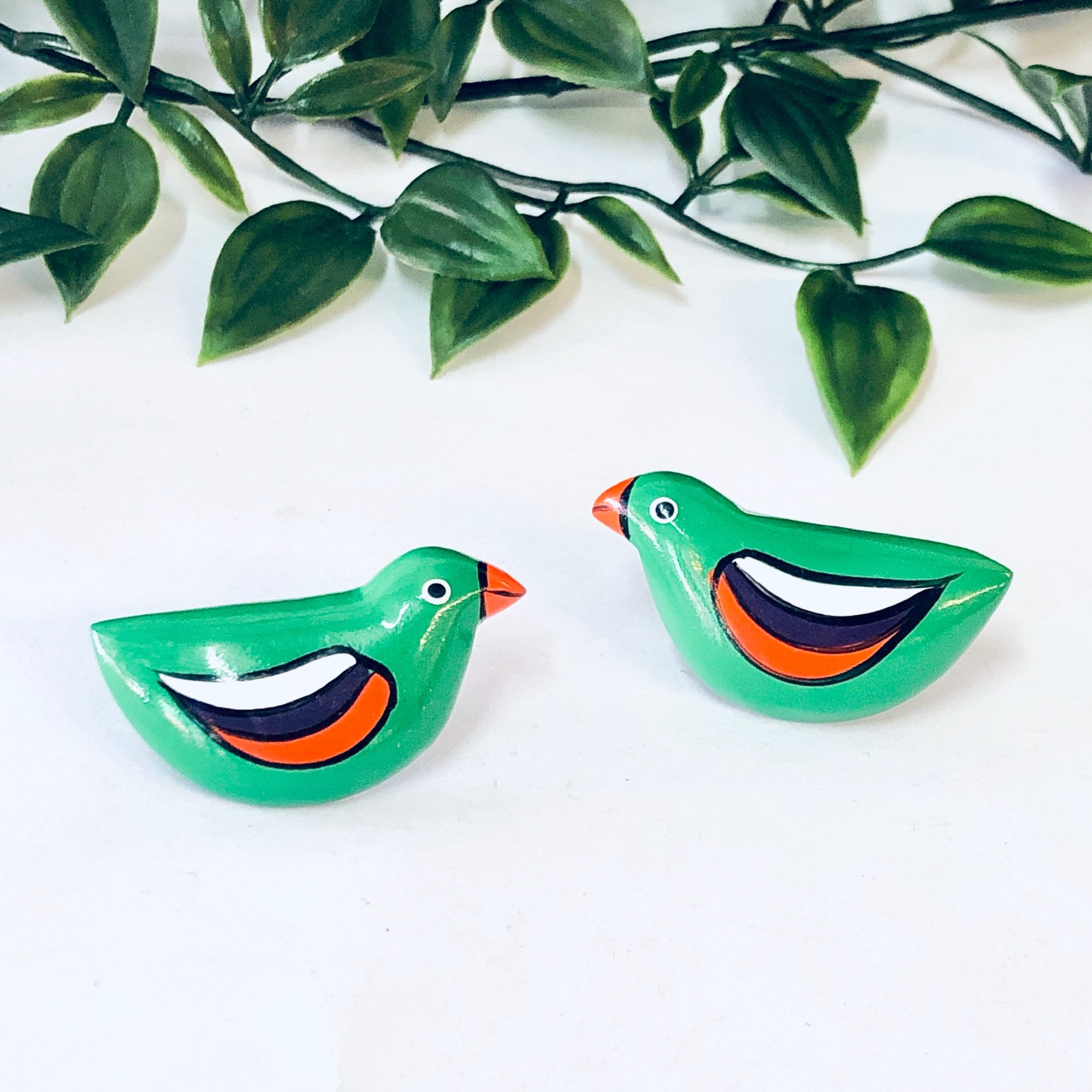 Vintage Earrings, Bird Earrings, Green Bird, Green Earrings, Unique Jewelry, Vintage Jewelry, Wood Earrings, Orange, Purple, White, Birds