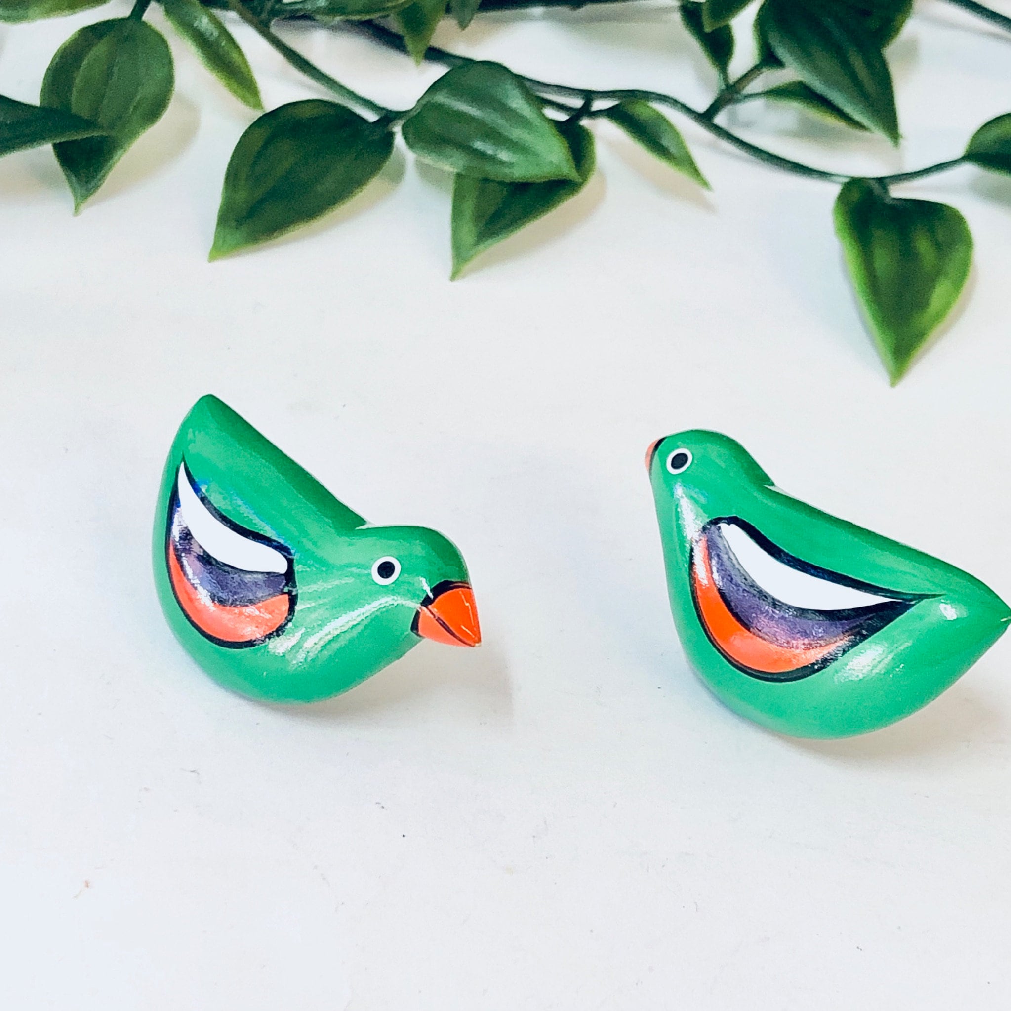 Vintage Earrings, Bird Earrings, Green Bird, Green Earrings, Unique Jewelry, Vintage Jewelry, Wood Earrings, Orange, Purple, White, Birds