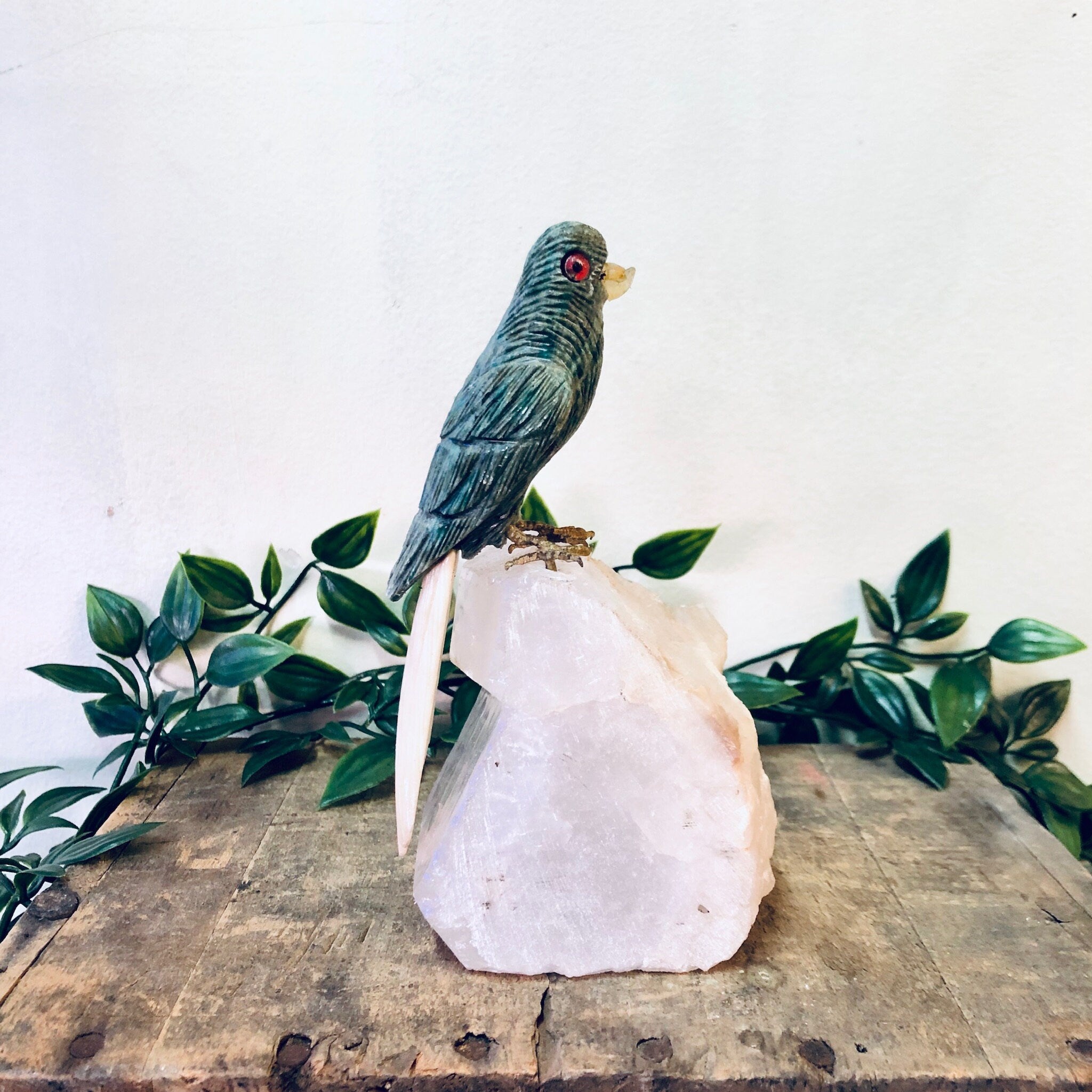 Vintage Home Decor, Garden Decor, Gardening Accessories, Bird Decor, Quartz Stone, Bird on a Rock, Green Bird, Wood Bird, Carved Stone, Rock