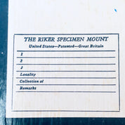 Vintage framed specimen mount label for butterfly collection from United States, Great Britain with numbered lines and sections for locality, collection and remarks details on a blue background