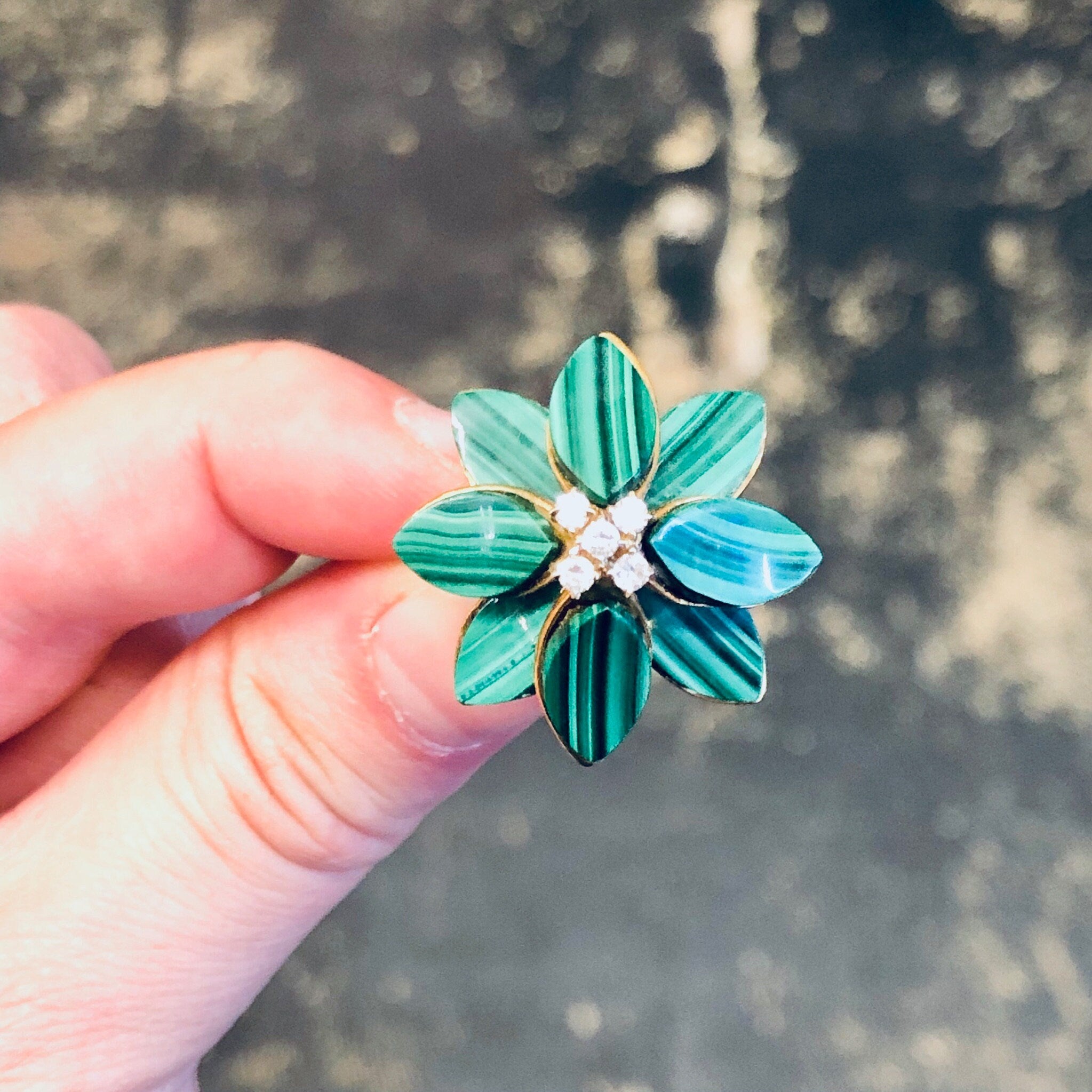 Vintage Ring, Gold Ring, Malachite Ring, 14K Gold Ring, Green Malachite, Diamond Ring, Flower Ring, Malachite Flower, Diamond, Gold, Small