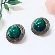 Vintage Earrings, Stud Earrings, Green Jewelry, Round Earrings, Large Earrings, Statement Jewelry, Brass Toned Earrings, Vintage Jewelry,