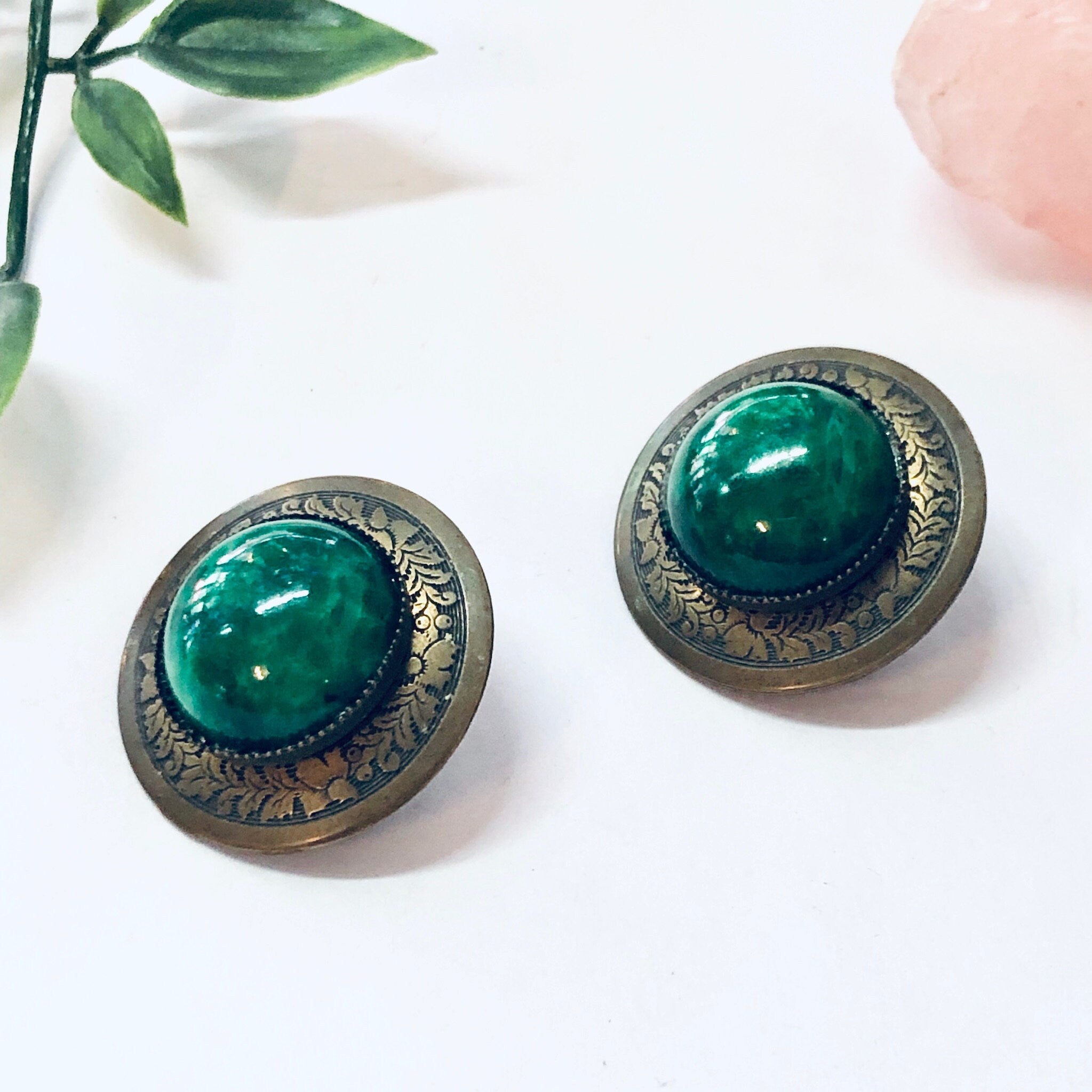 Vintage Earrings, Stud Earrings, Green Jewelry, Round Earrings, Large Earrings, Statement Jewelry, Brass Toned Earrings, Vintage Jewelry,