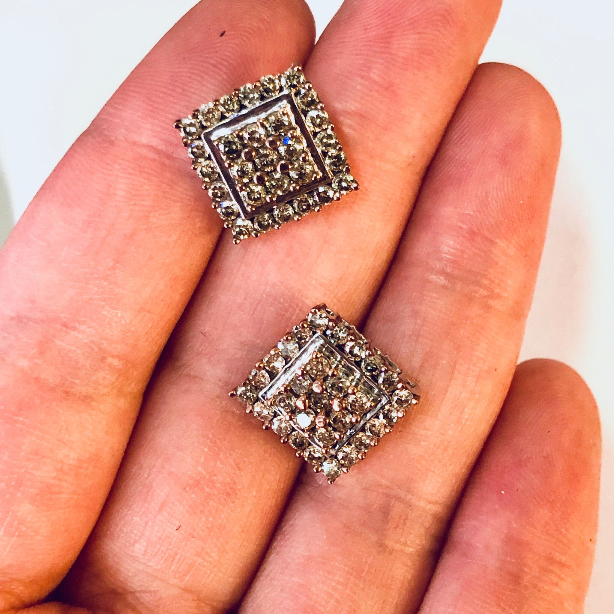 Vintage Earrings, Diamond Earrings, Diamond Cluster Earrings, 10K Gold Earrings, Gold Jewelry, Art Deco style, Diamond Jewelry, Square Studs