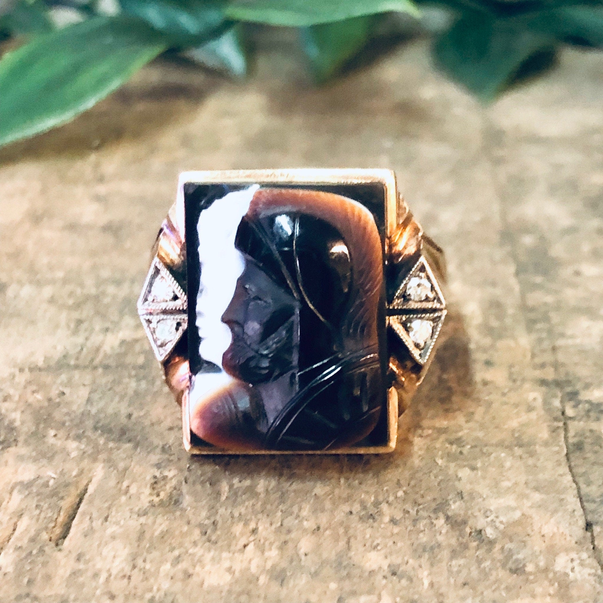 Vintage Gold Ring, 10K Gold Ring, Large Ring, Mens Jewelry, Cameo Ring, Cameo Jewelry, Vintage Jewelry, Diamond Ring, Brown Cameo, Gold