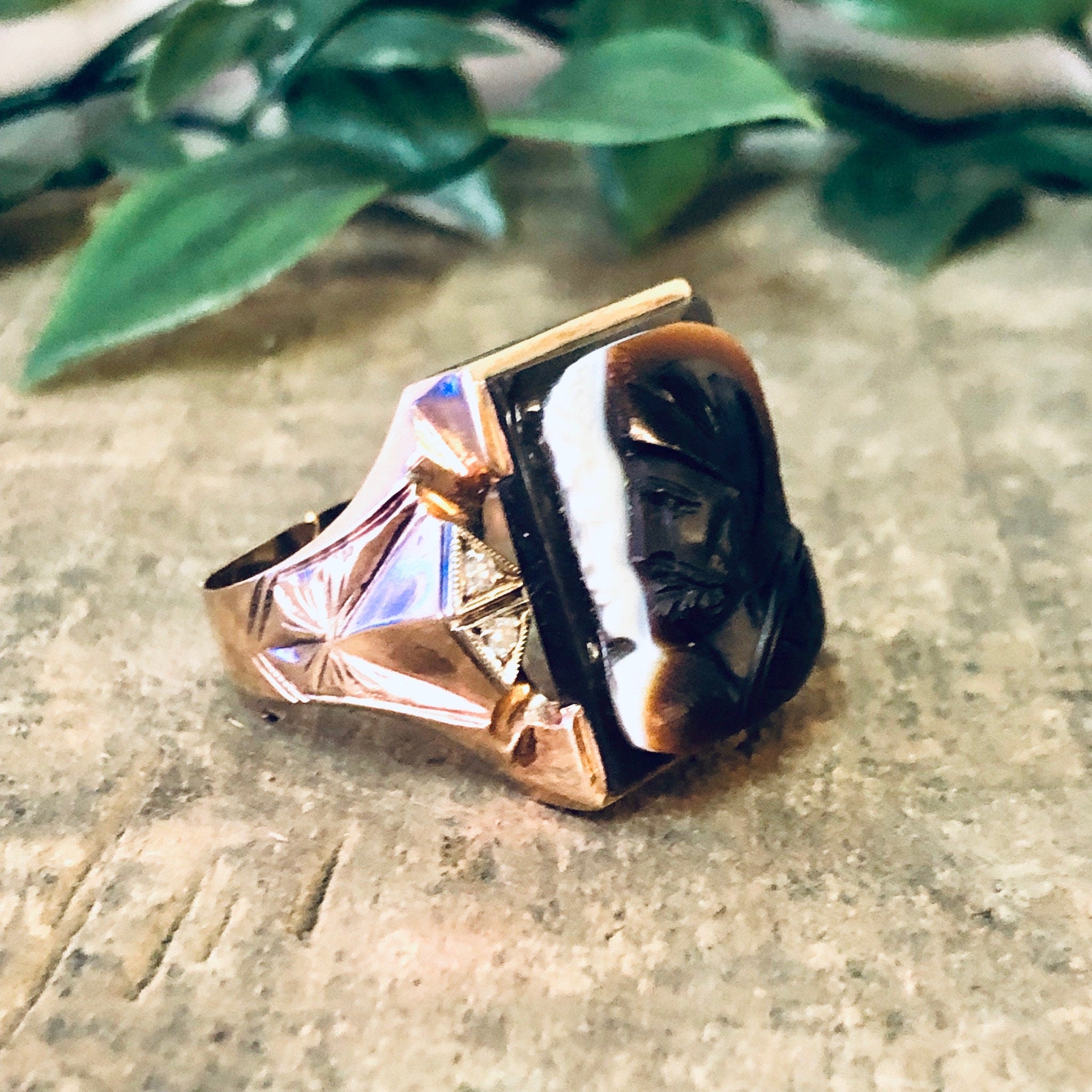 Vintage Gold Ring, 10K Gold Ring, Large Ring, Mens Jewelry, Cameo Ring, Cameo Jewelry, Vintage Jewelry, Diamond Ring, Brown Cameo, Gold