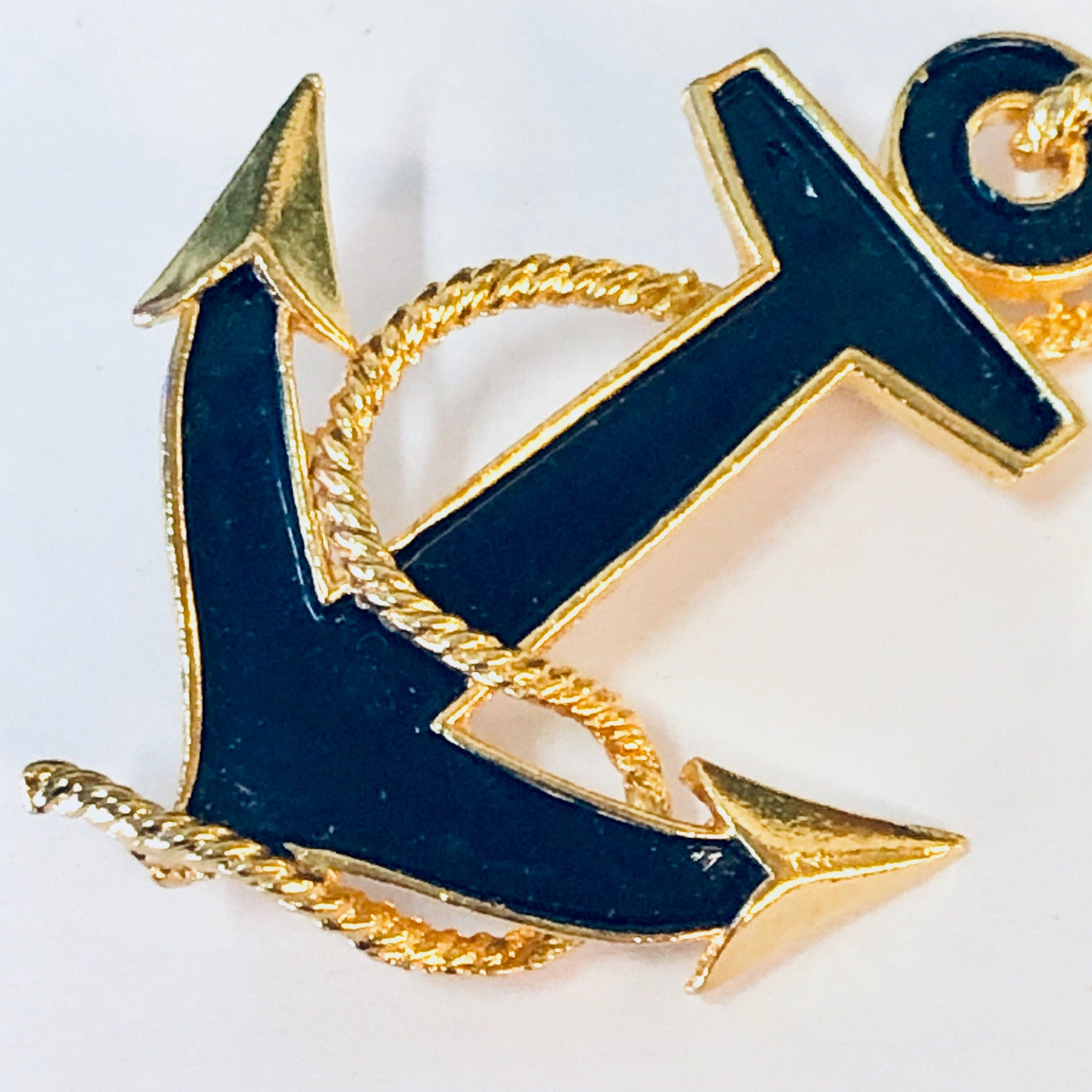 Vintage Brooch, Anchor Brooch, Anchor Pin, Sailor Jewelry, Vintage Jewelry, Blue Brooch, Gold Toned Pin, Costume jEwelry, Rope Brooch, Blue