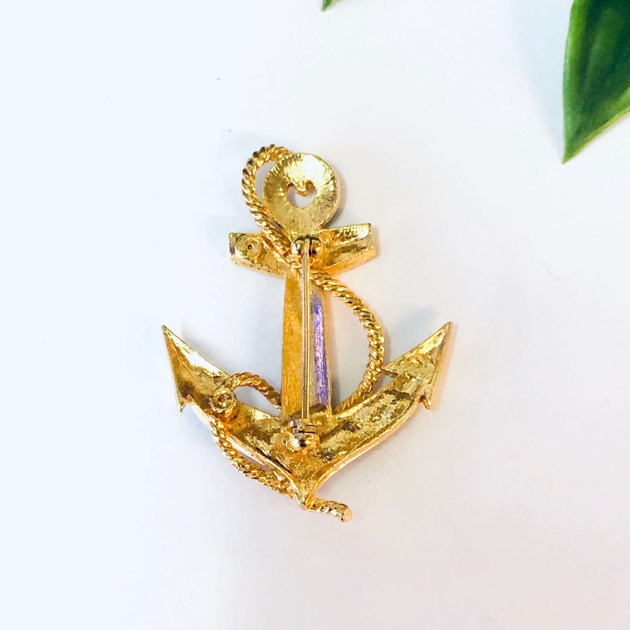Vintage Brooch, Anchor Brooch, Anchor Pin, Sailor Jewelry, Vintage Jewelry, Blue Brooch, Gold Toned Pin, Costume jEwelry, Rope Brooch, Blue
