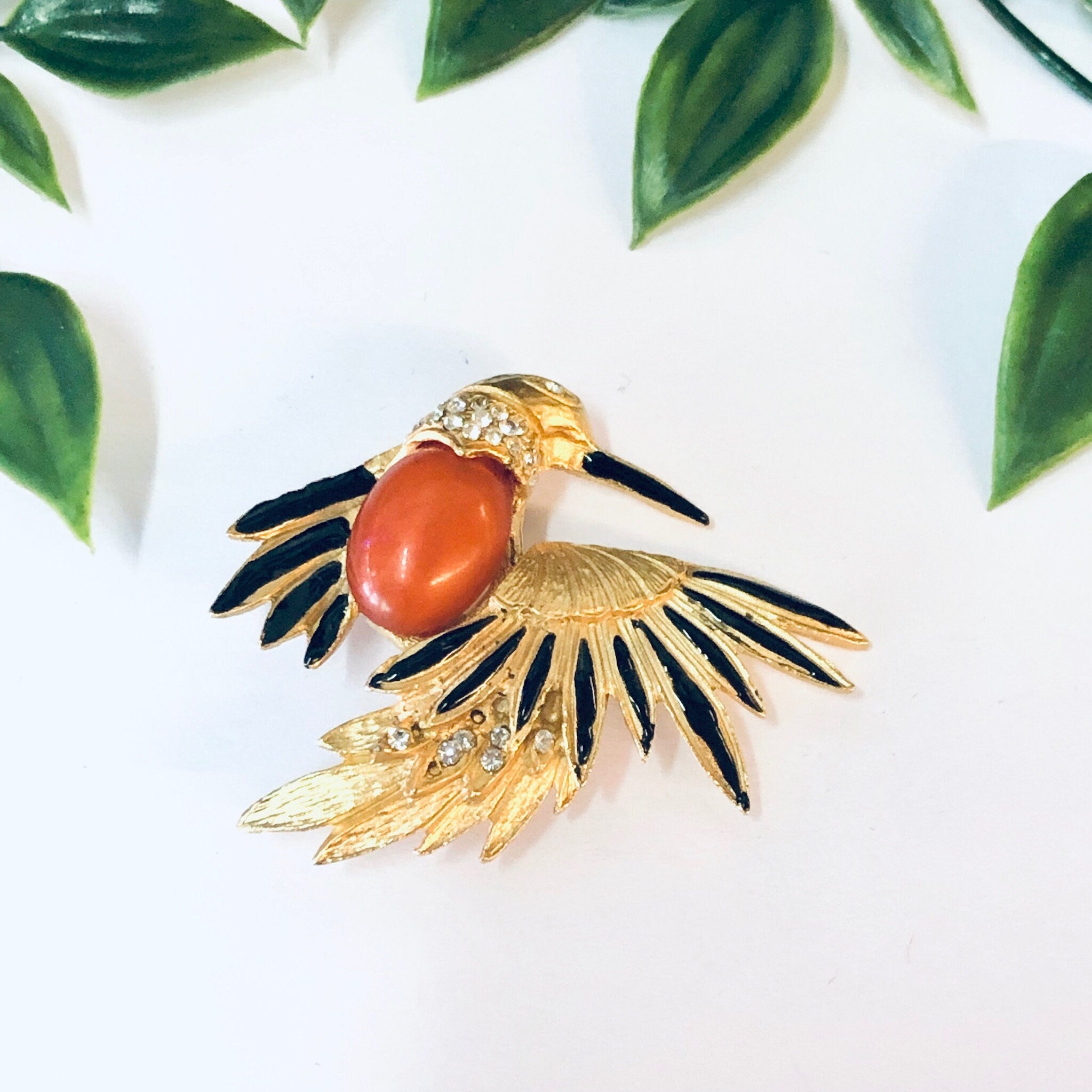 Vintage Brooch, Bird Brooch, Gold Toned Brooch, Vintage Pin, Vintage Jewelry, Orange Stone, Rhinestone Brooch, Black Pin, Gold Brooch, Bird