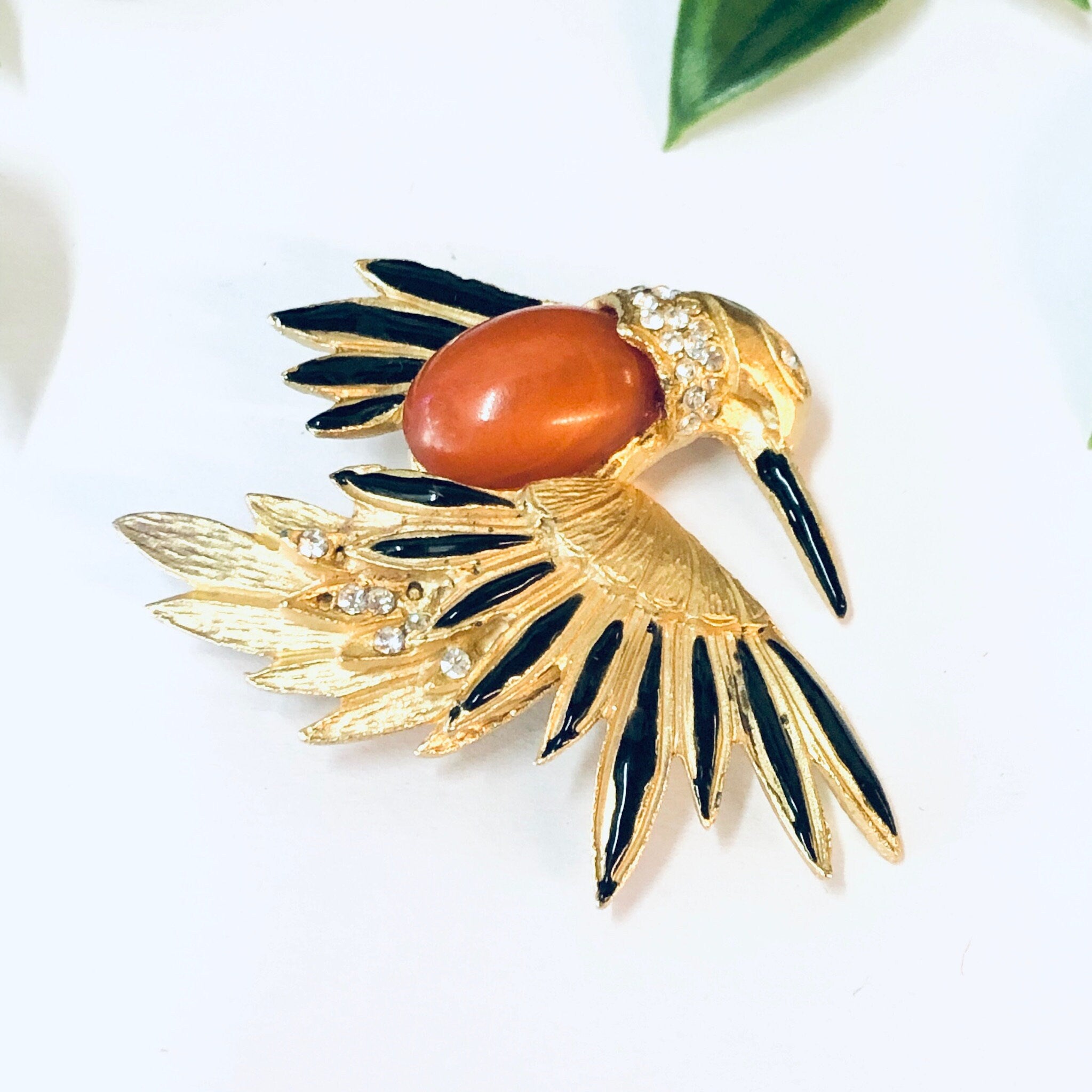 Vintage Brooch, Bird Brooch, Gold Toned Brooch, Vintage Pin, Vintage Jewelry, Orange Stone, Rhinestone Brooch, Black Pin, Gold Brooch, Bird