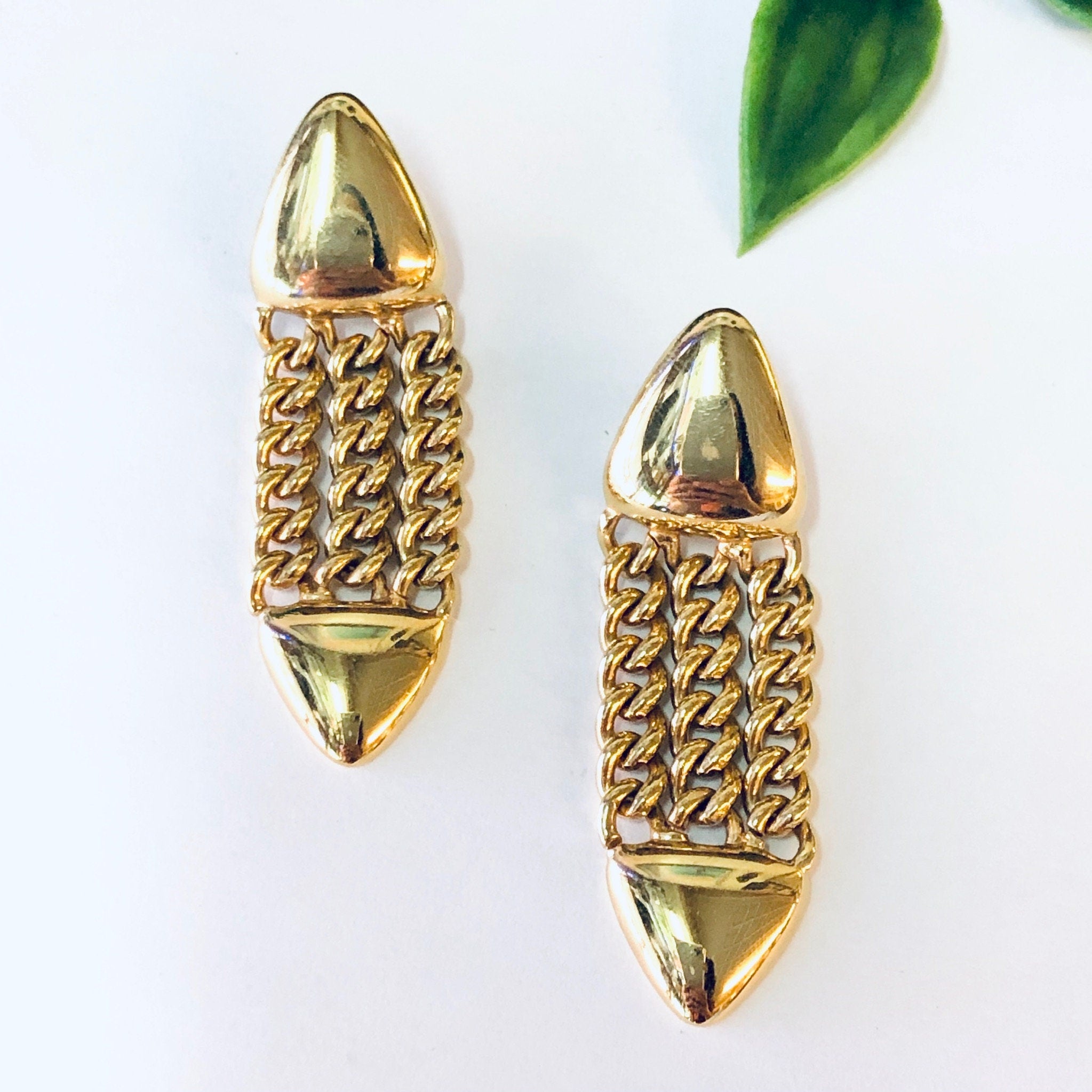 Vintage Earrings, Dangle Earrings, Gold Toned Jewelry, Costume Jewelry, Statement Earrings, Pierced Ears, Chain Link Earrings, Gold Jewelry