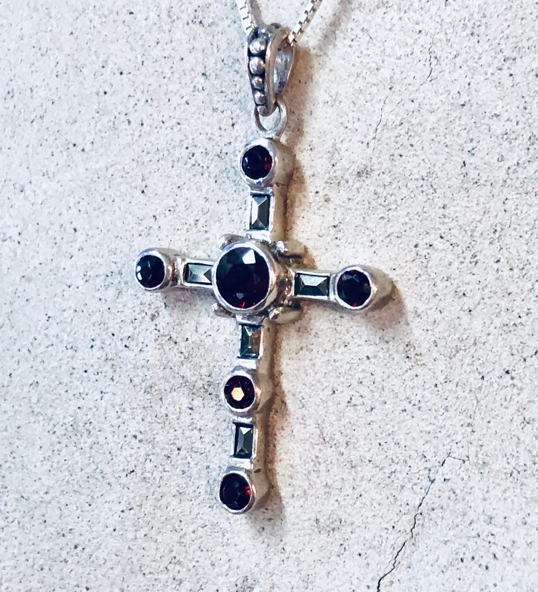 Vintage Necklace, Cross Necklace, Cross Pendant, Garnet Cross, Silver Necklace, Silver Cross, Religious Jewelry, Crucifix Necklace, Red 925