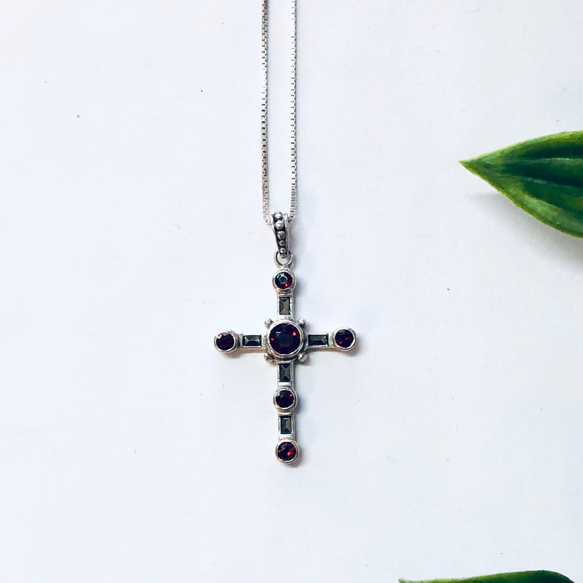 Vintage Necklace, Cross Necklace, Cross Pendant, Garnet Cross, Silver Necklace, Silver Cross, Religious Jewelry, Crucifix Necklace, Red 925