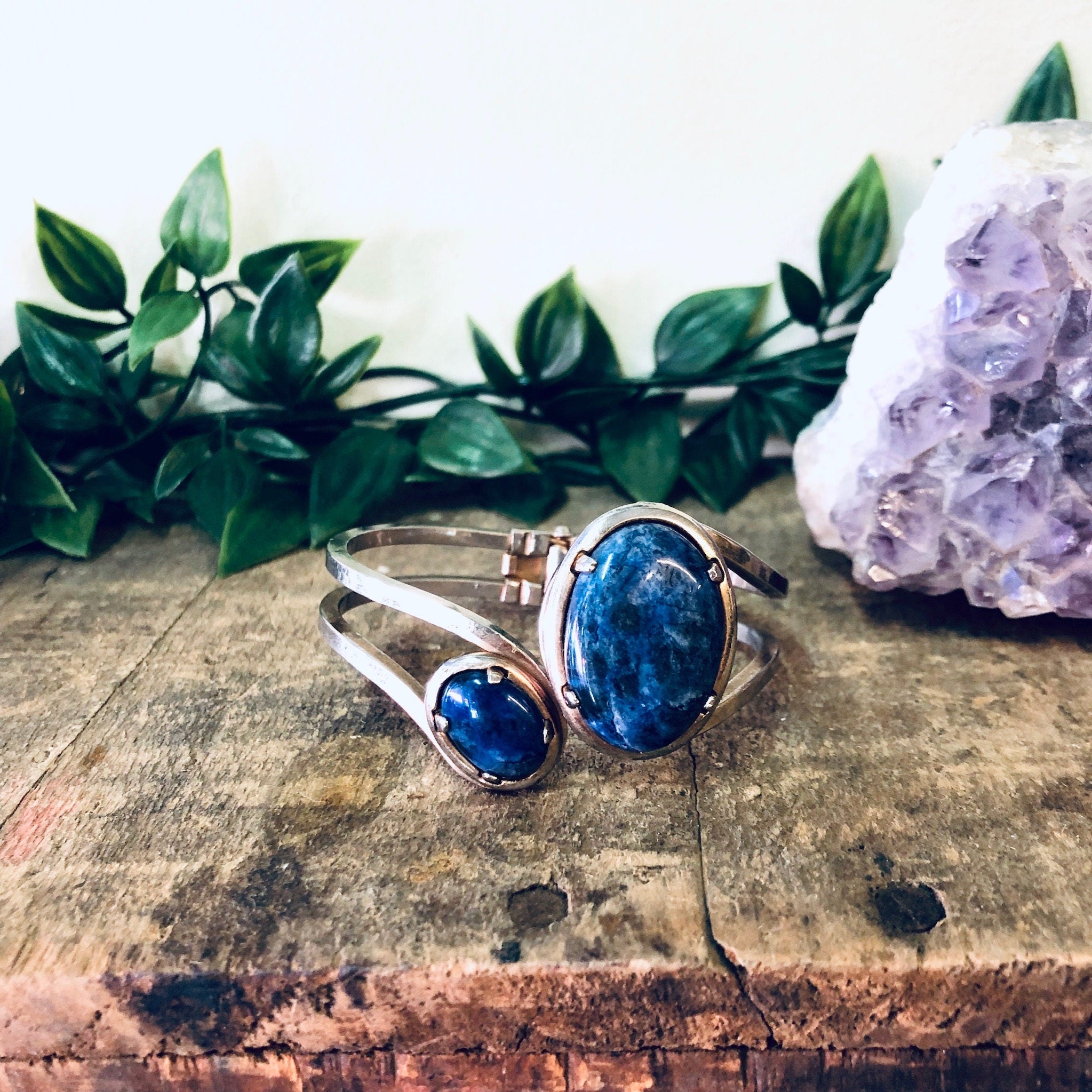 Vintage Bracelet, Cuff Bracelet, Wrap Bracelet, Hinged Bracelet, Blue Stones, Costume Jewelry, Silver Toned Cuff, Blue and Silver, Unique