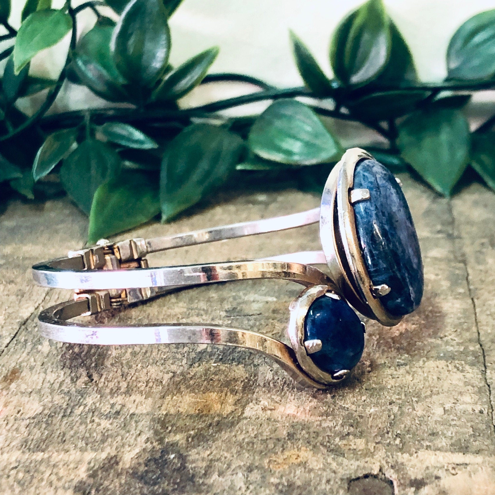 Vintage Bracelet, Cuff Bracelet, Wrap Bracelet, Hinged Bracelet, Blue Stones, Costume Jewelry, Silver Toned Cuff, Blue and Silver, Unique