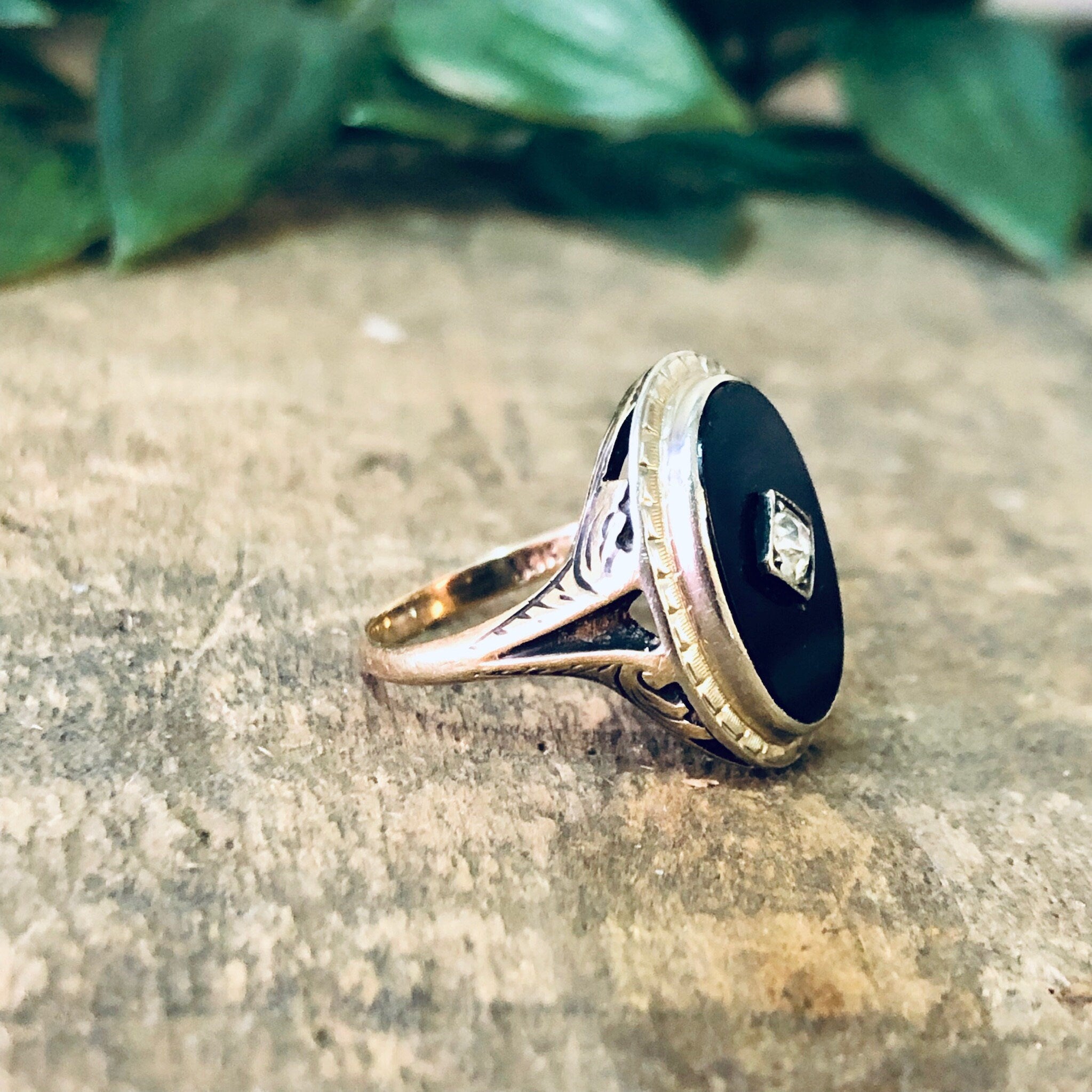 Vintage Ring, Gold Ring, Victorian Jewelry, Mourning Jewelry, Art Deco Ring, 14K Gold Ring, Onyx and Gold Ring, Yellow Gold, Vintage Jewelry