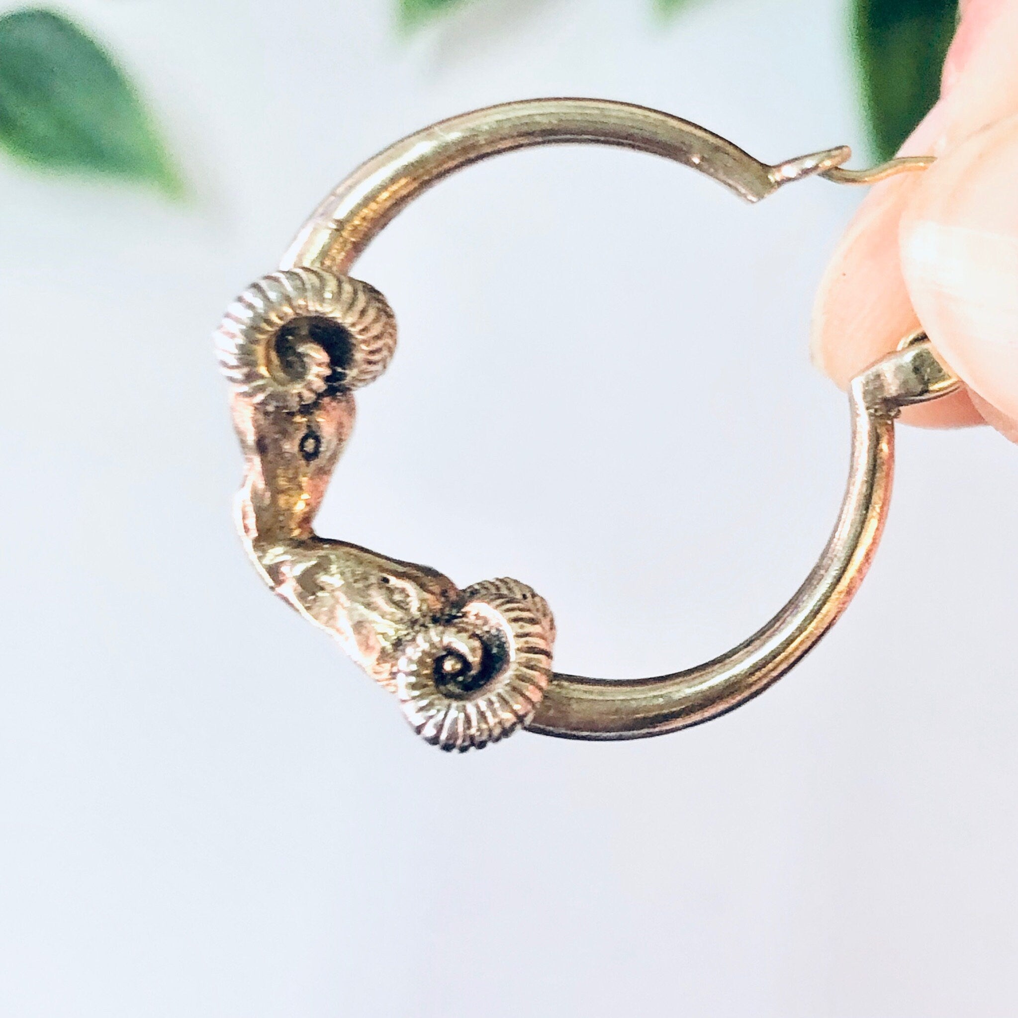 Vintage Earrings, Hoop earrings, Gold Earrings, 14K gold Earrings, Ram Earrings, Ram Jewelry, Ram Head Earrings, Unique Jewelry, Gold Ram