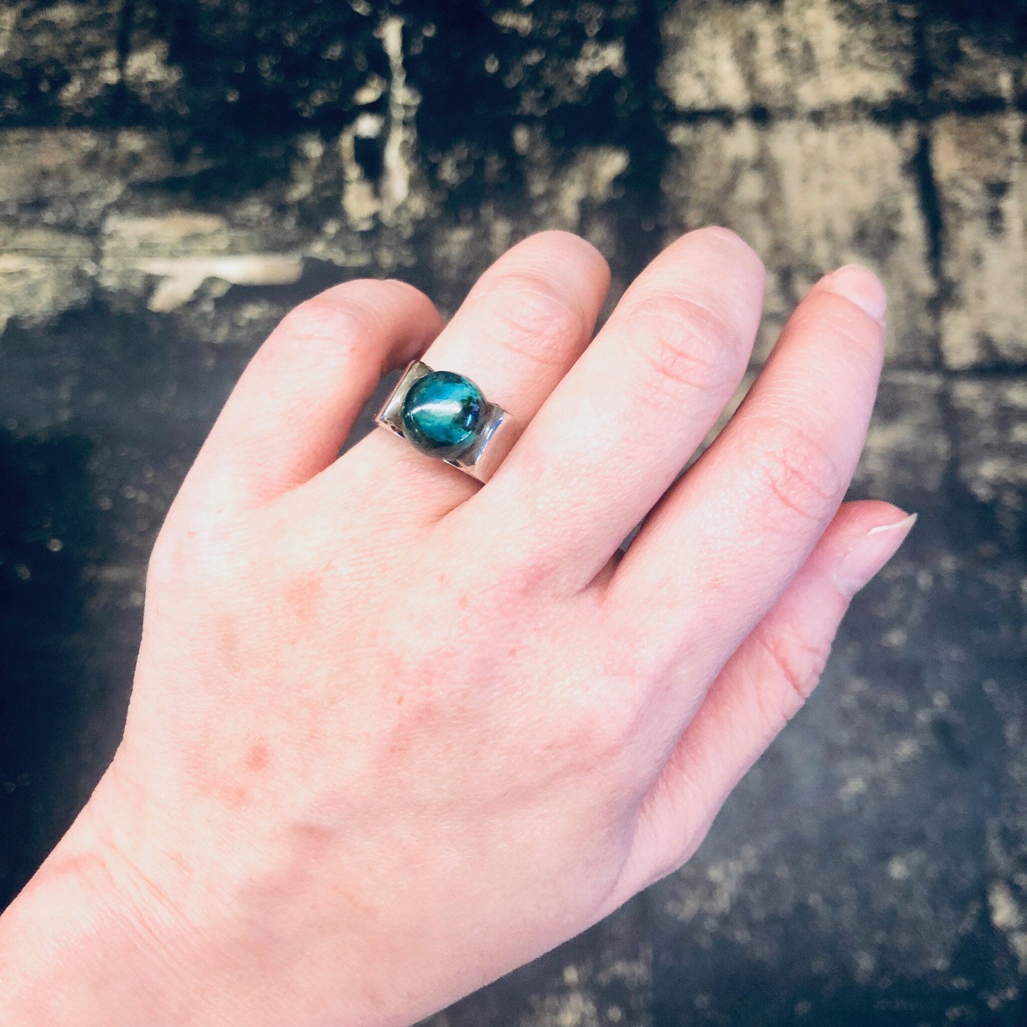 Vintage Ring, Silver Ring, Chrysocolla Ring, Chrysocolla Stone, Made in Israel, Statement Jewelry, Unique Ring, Minimal Design, Sleek Ring