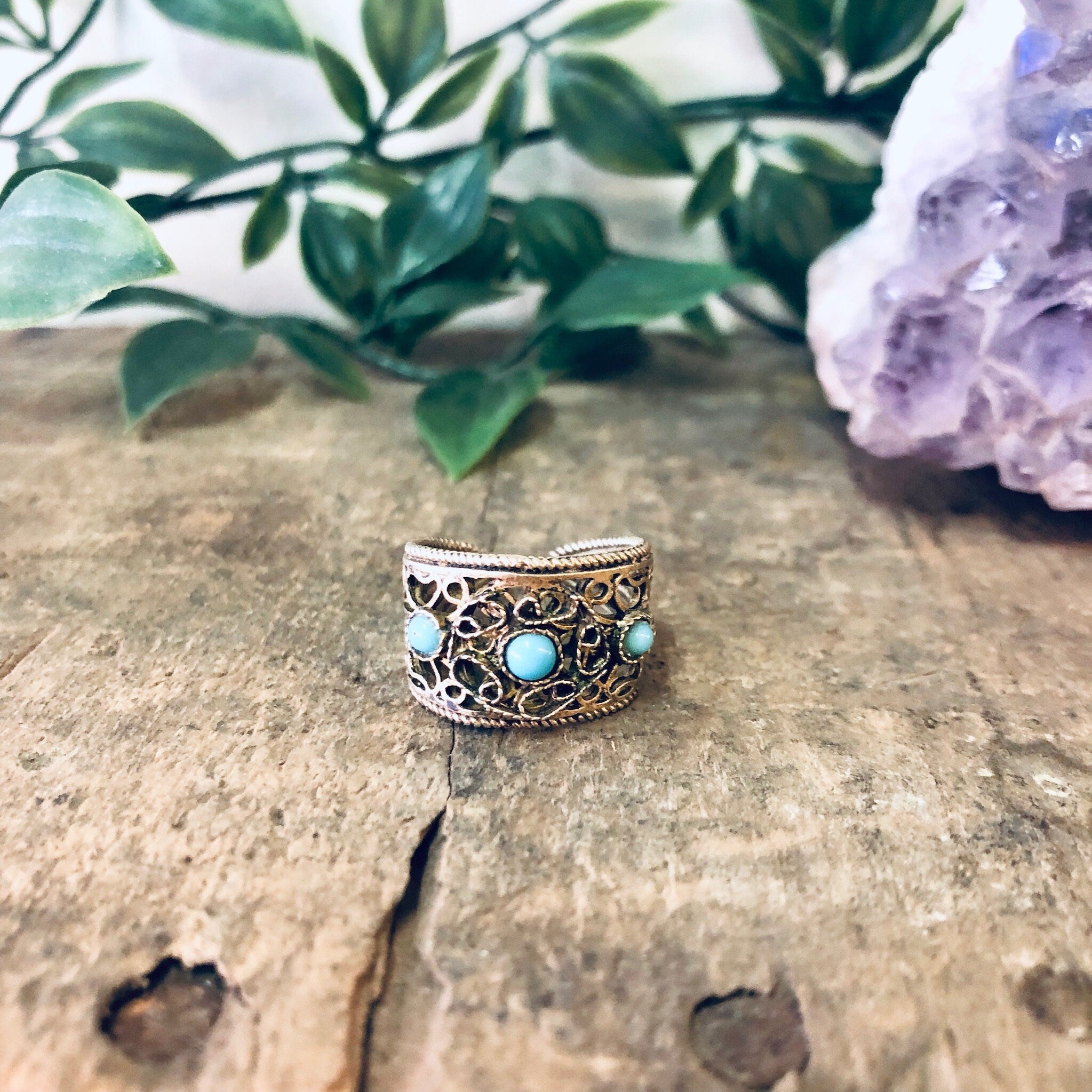 Vintage Ring, Statement Ring, Costume Jewelry, Filagree Ring, Cut out Ring, Adjustable Ring, Vintage Jewelry, Blue Beaded Ring, Turquoise